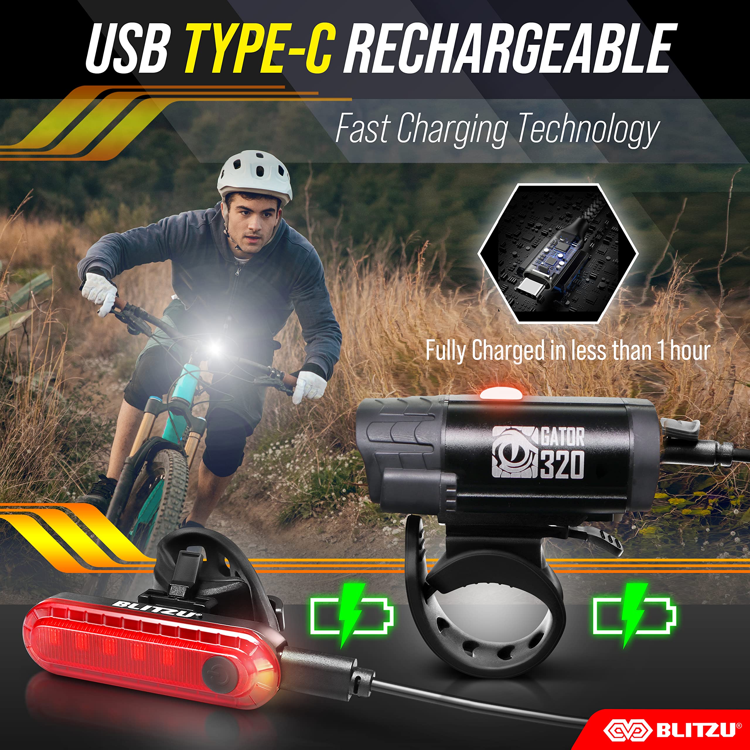 Stocking Stuffers For Men - Blitzu Gator 320 Rechargeable Bike Light Set - Night Riding Accessories, Cool Gadgets White Elephant
