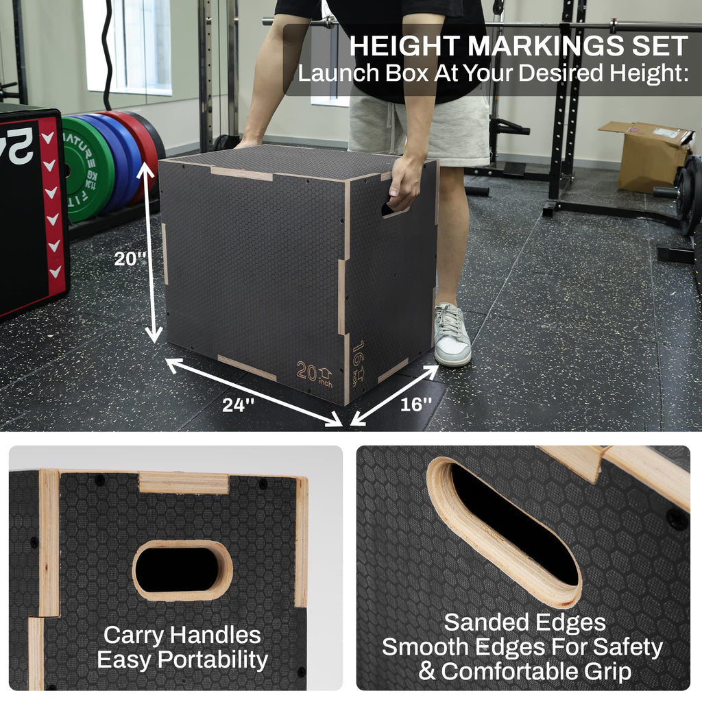 Fitvids 3 In 1 Non-Slip Wooden Plyo Box Plyometric Box Jumping Exercise, 16X20X24 Inches, Gray
