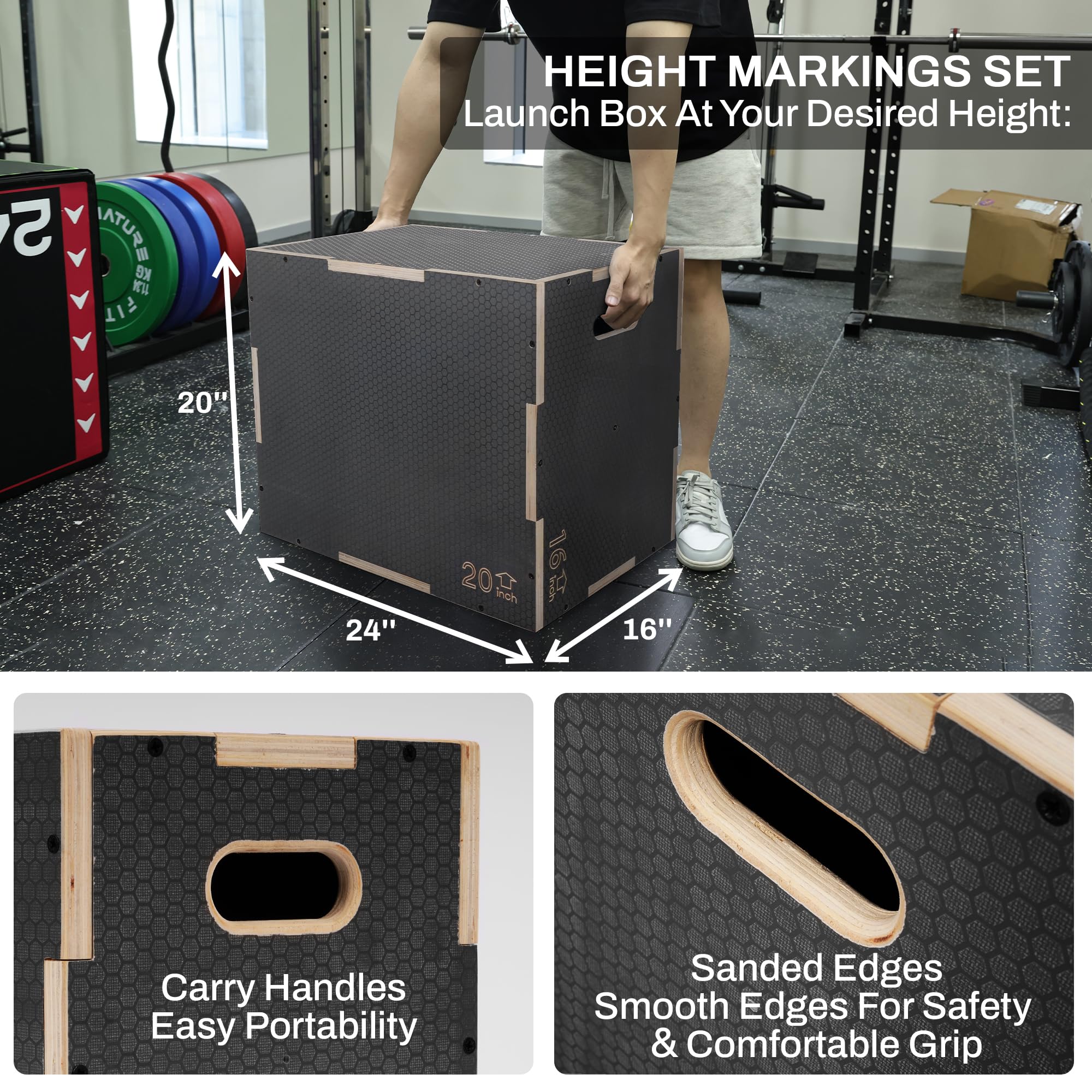 Fitvids 3 In 1 Non-Slip Wooden Plyo Box Plyometric Box Jumping Exercise, 16X20X24 Inches, Gray