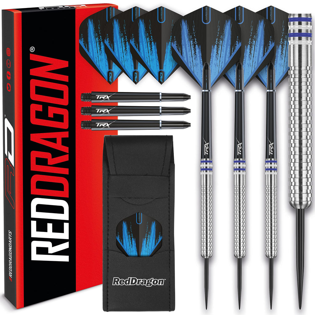 Red Dragon Raider 1: 23 Gram Steel Tip Tungsten Darts Set - Blue Style Set Of Professional Darts With Shafts (Stems) And Flights