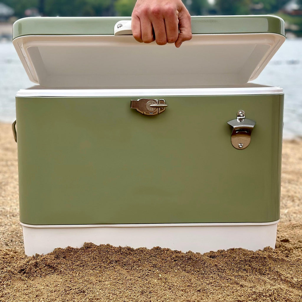 FSE Retro Metal Cooler, 80 Can/54 Qt. Capacity, Hard-Sided, Two Tone, Holds Up to 80 Beverage Cans, Metal Construction with Plas