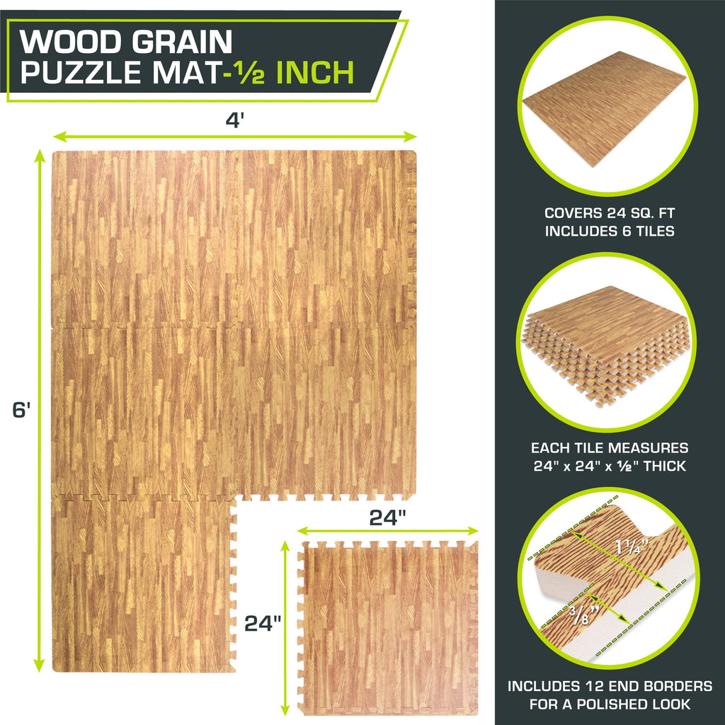 Wood Grain Puzzle Mat 1/2-In, Light Oak, 24 Sq Ft - 6 Tiles