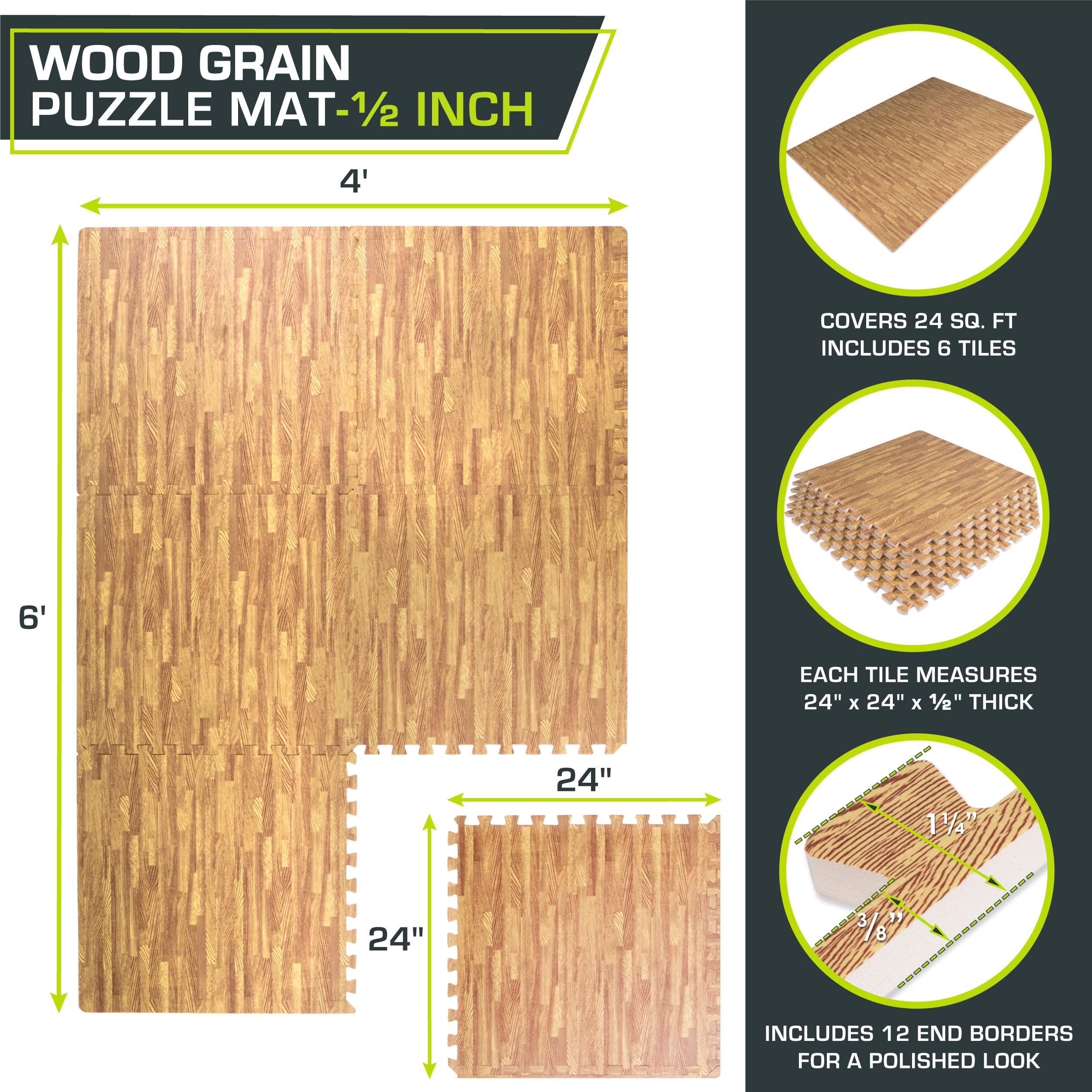 Wood Grain Puzzle Mat 1/2-In, Light Oak, 24 Sq Ft - 6 Tiles