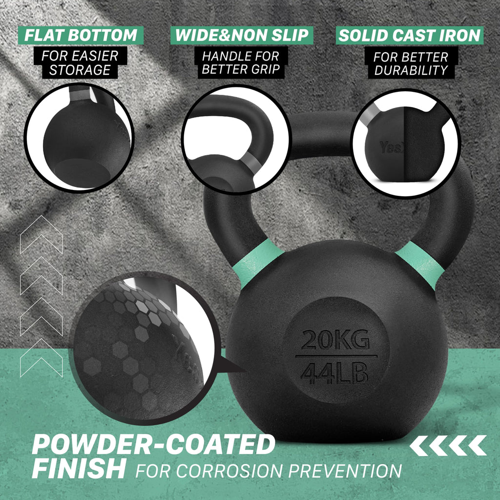 Yes4All Color Code Cast Iron Powder Coated Kettlebell With Large Handle & Flat Base, H - Green - 20 Kg / 44 Lb