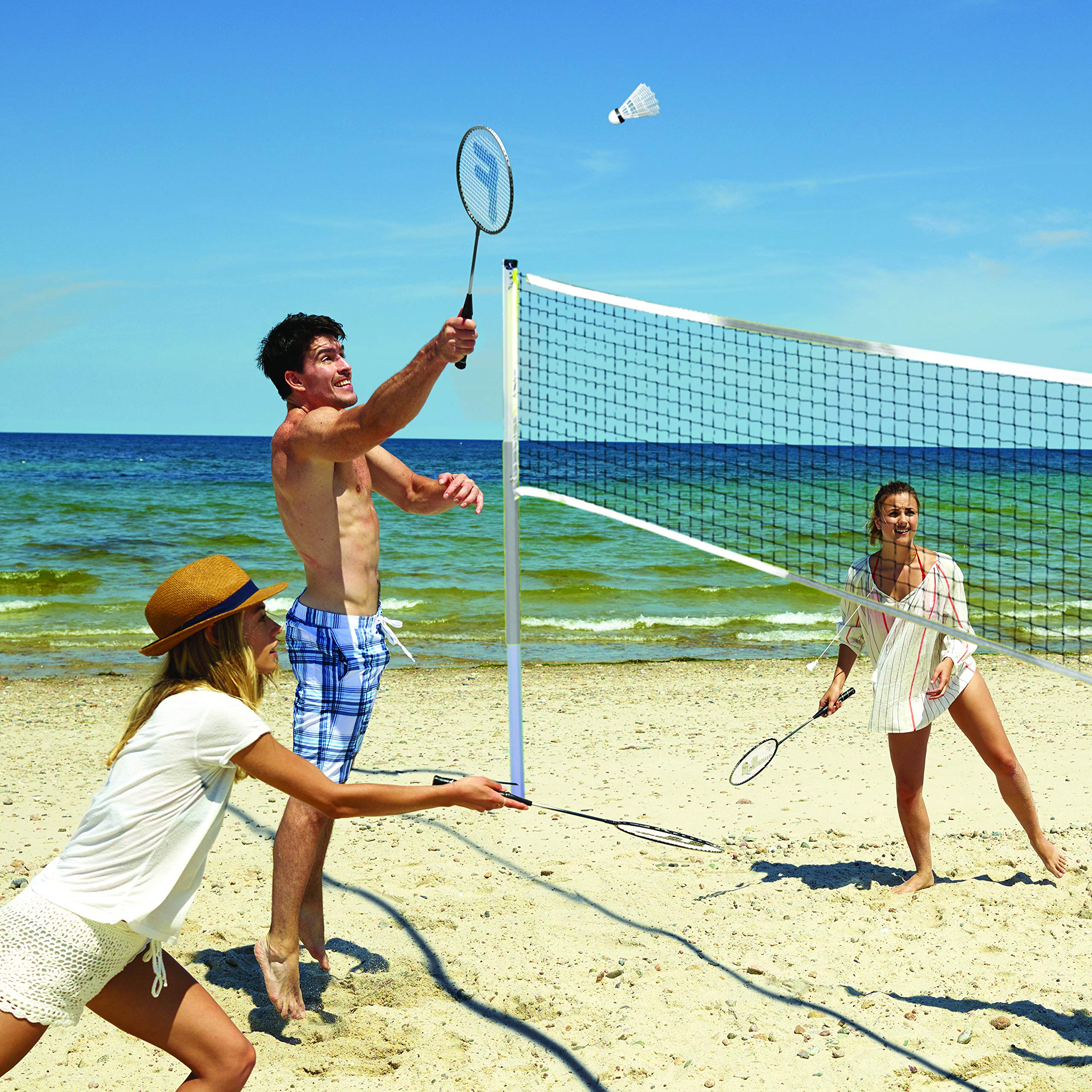 Franklin Sports Badminton Net Set - 4 Aluminum Rackets, 2 Birdies, Adjustable Net And Stakes - Backyard Or Beach Badminton Set -
