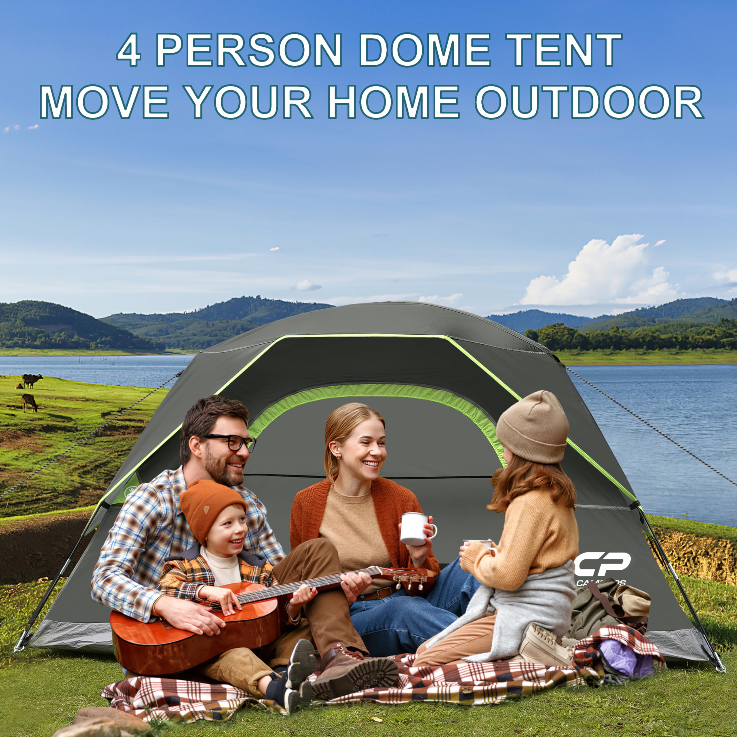 Campros Cp 4 Person Tent, Dome Tents For Camping With Rainfly, Waterproof Camping Tent Easy Set Up, Portable Family Tent With La