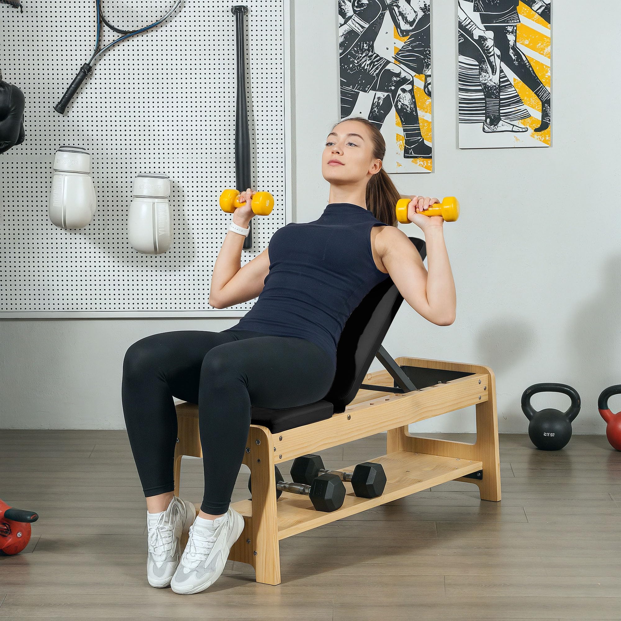 Soozier Adjustable Weight Bench With Dumbbell Rack, Wooden Workout Bench, Flat Or Incline Bench For Home Gym Weight Lifting Trai