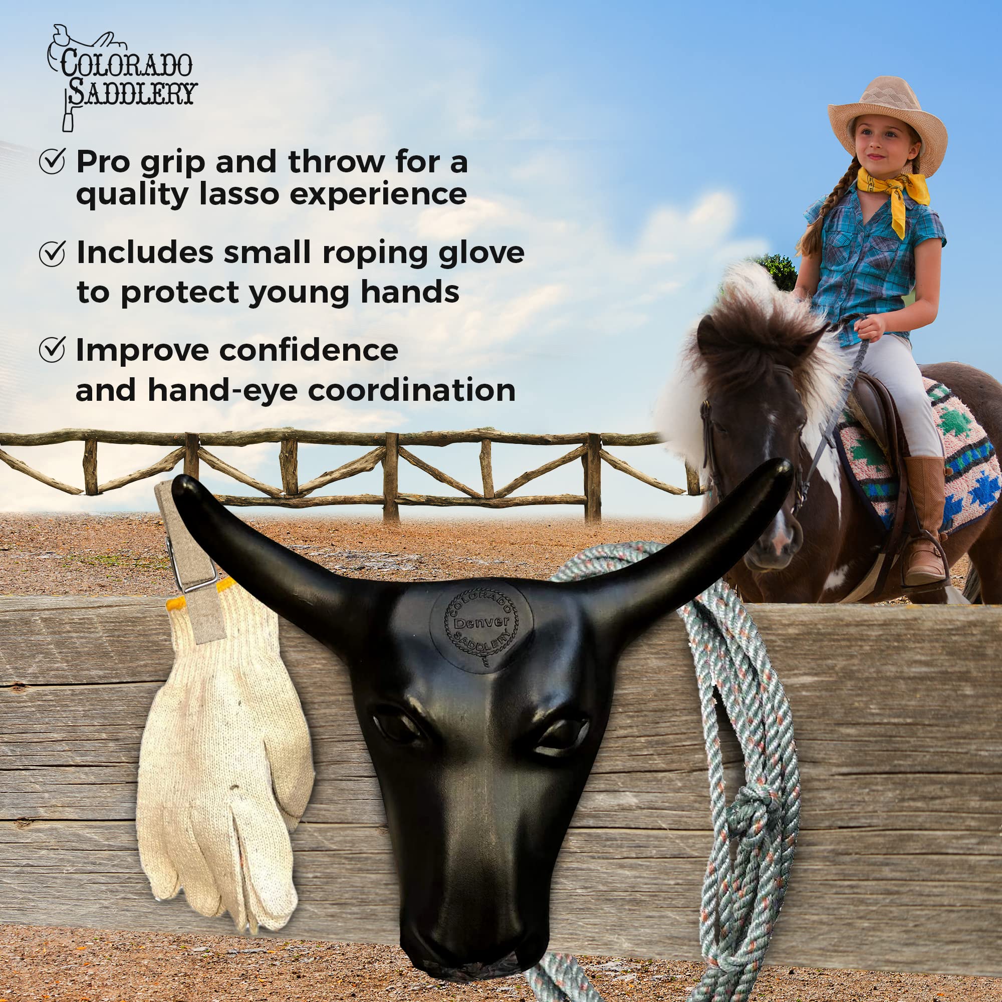 Colorado Saddlery The Junior Roping Kit Complete Kids Rodeo Set Practice Dummy Steer Head, Rope, Gloves, Stakes Durable Training