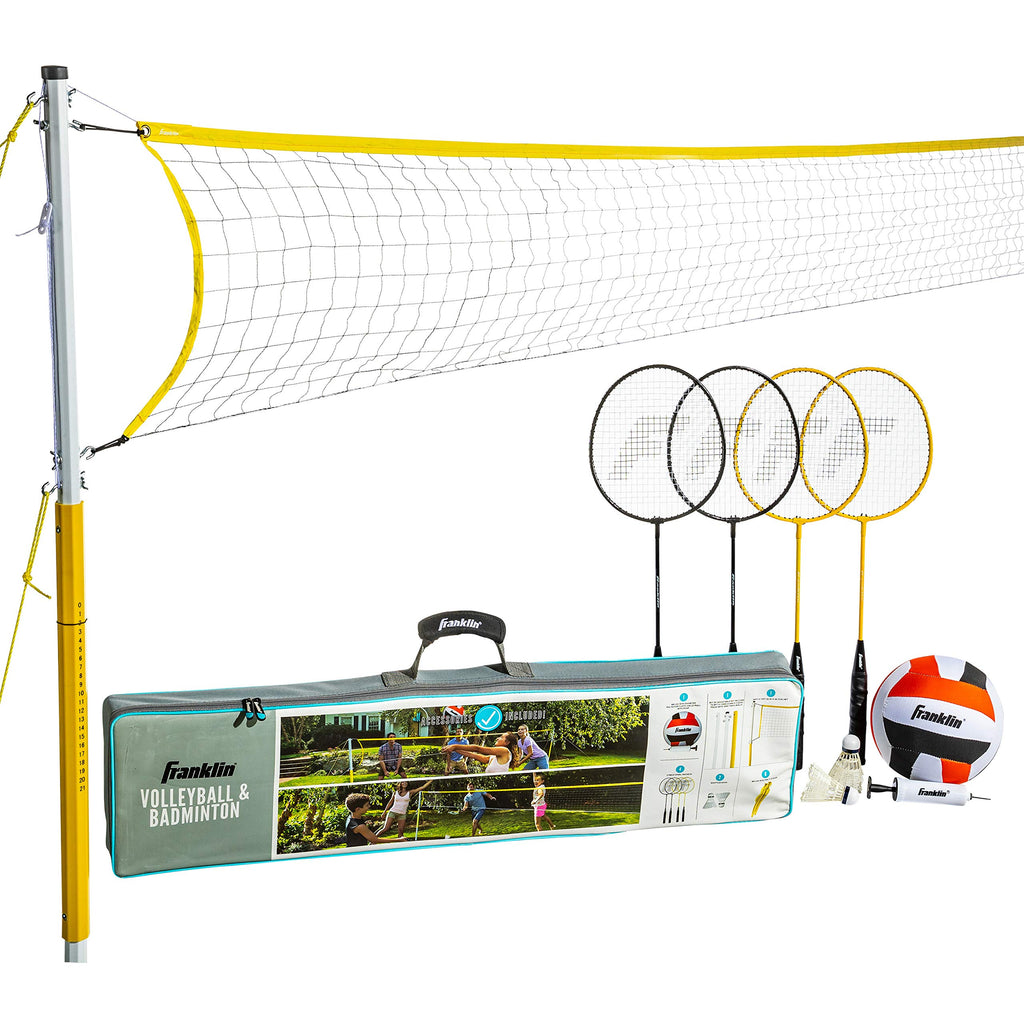 Franklin Sports Family Volleyball & Badminton Combo Set - Portable Backyard + Beach Volleyball + Badminton Net - Volleyball, Rac