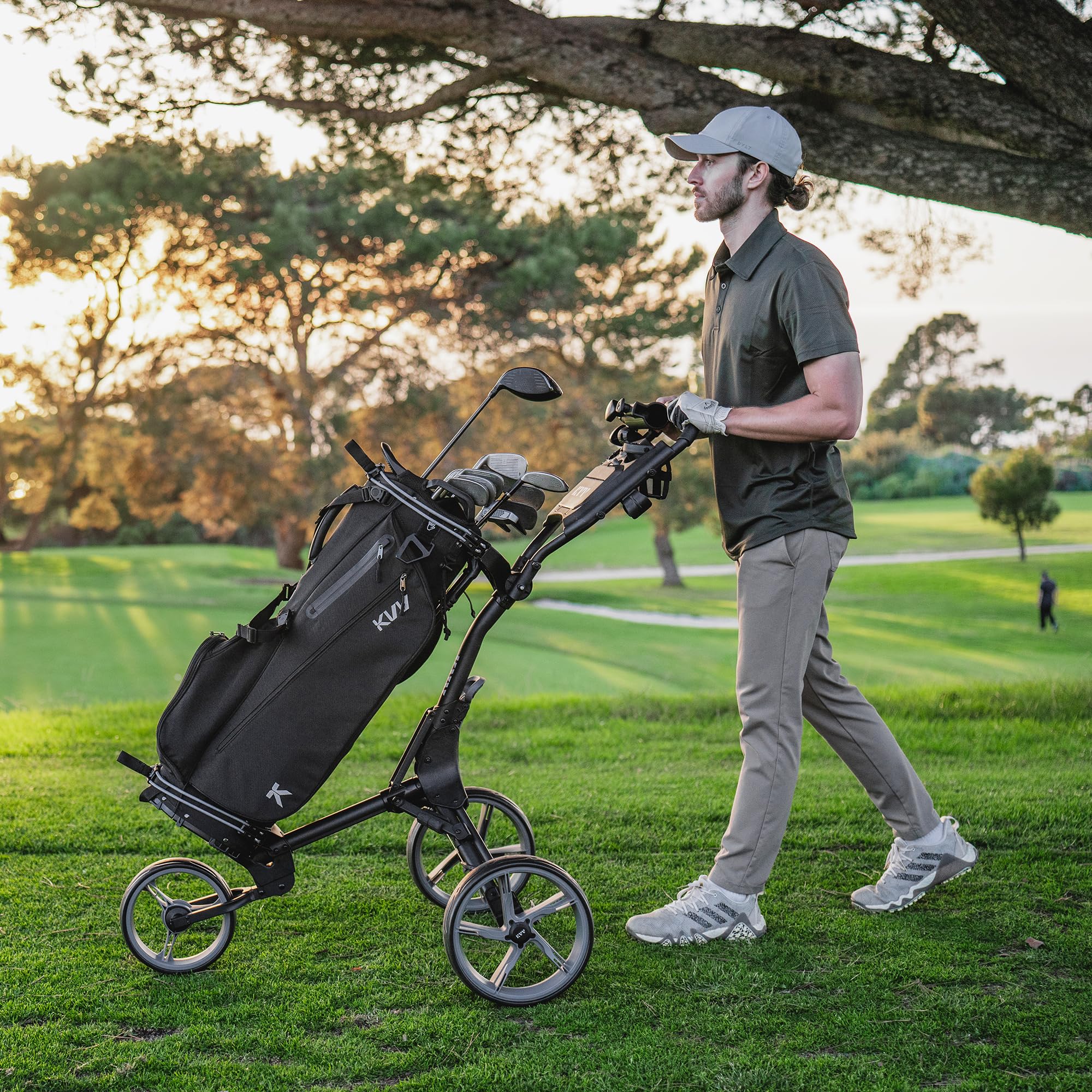 Kvv 3 Wheel Foldable/Collapsible Golf Push Cart Ultra Lightweight Smallest Folding Size, New-Version Scorecard Holder Umbrella H