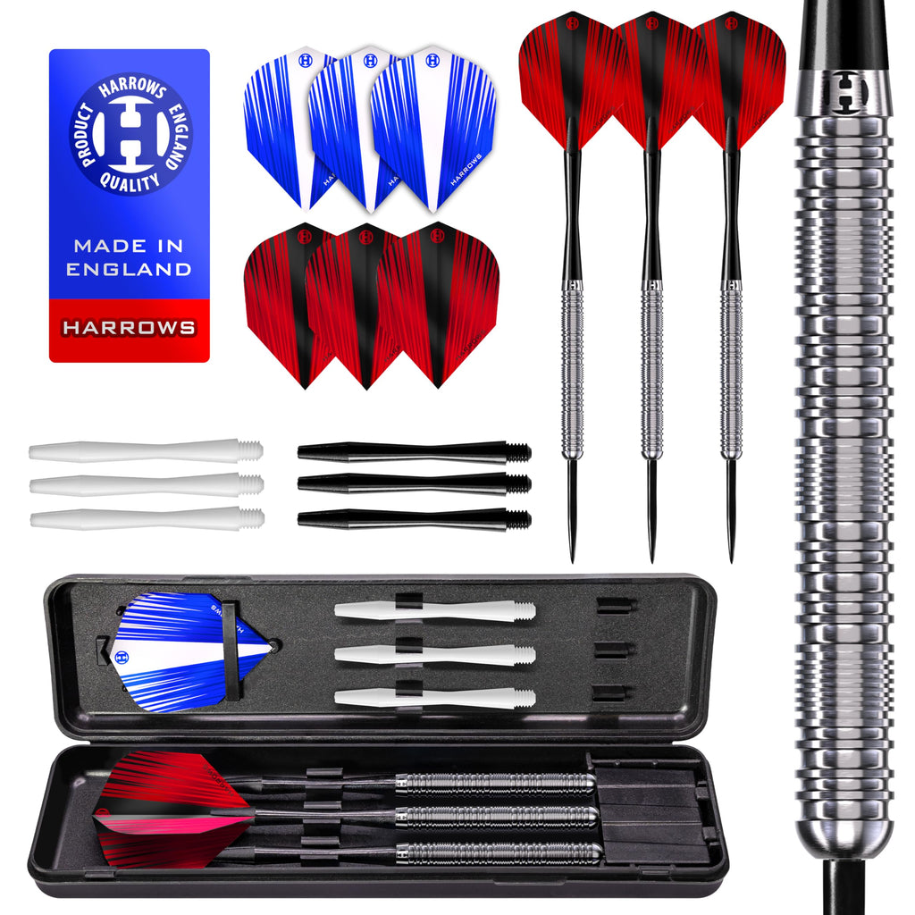 Harrows Caliber 90% Tungsten Steel Tip Darts Set 21G, 23G, & 25G - Includes Spare Shafts, Prime Flights & Travel Case (23, Grams