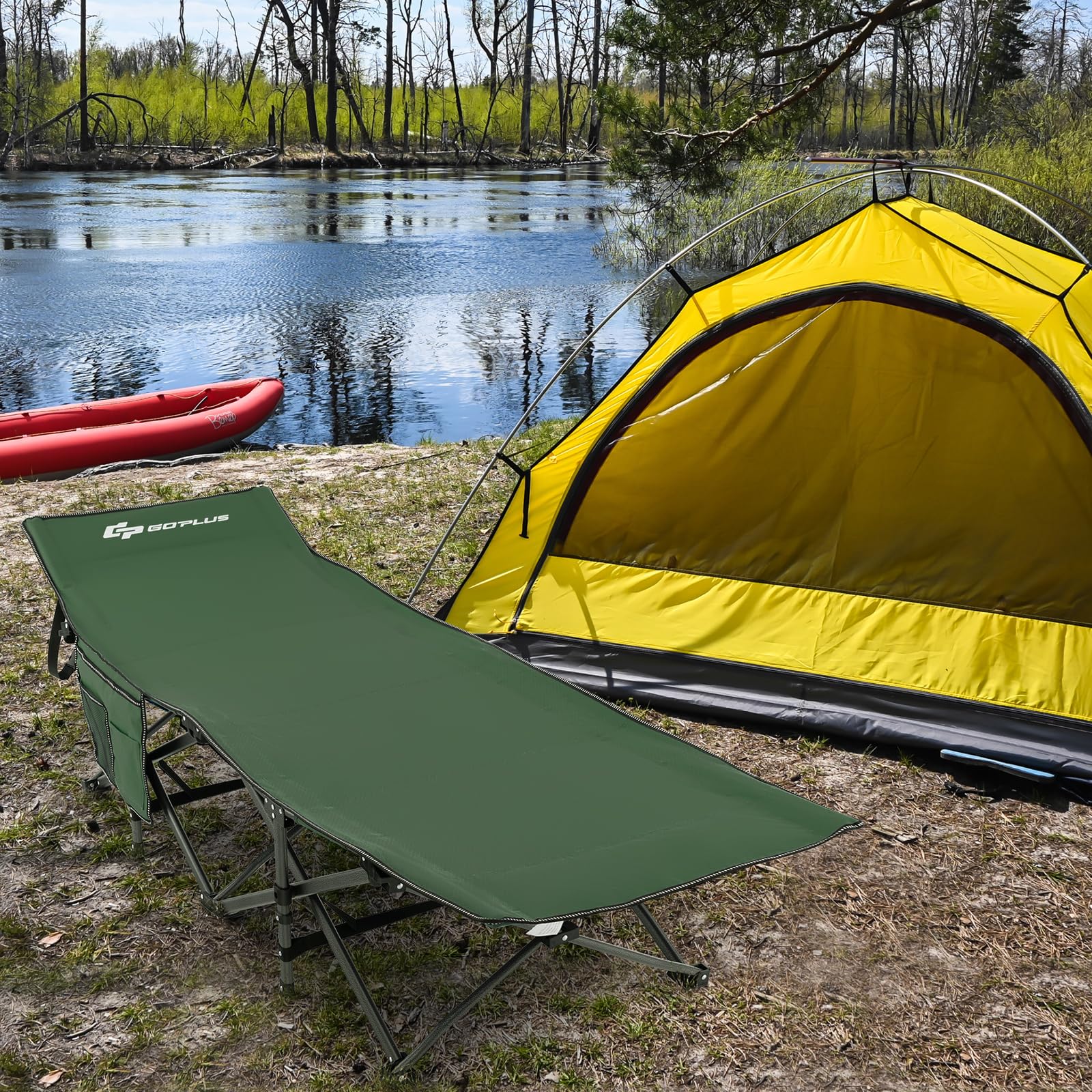 Goplus Folding Camping Cot, 27.5'' Sleeping Cot For Adults With Carry Bag, 600Lbs Weight Capacity, Slanted Head, Side Pocket, He
