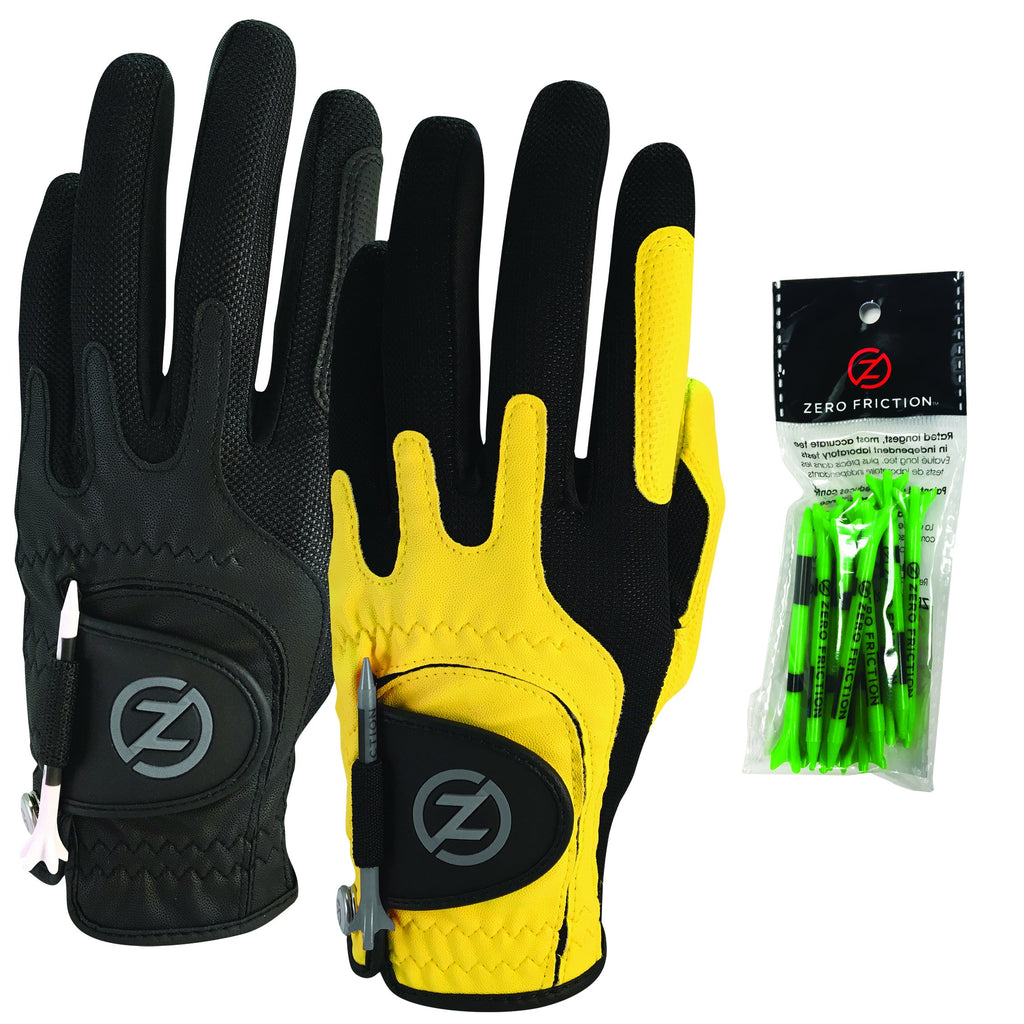 Zero Friction Male Men'S Compression-Fit Synthetic Golf Glove (2 Pack), Universal Fit Black/Yellow, One Size (Gl00111)