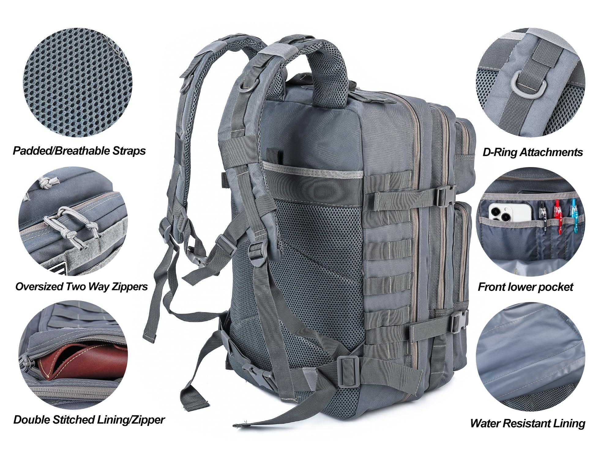 Lhi Military Tactical Backpack For Men And Women 45L Army 3 Days Assault Pack Bag Large Rucksack With Molle System - Grey