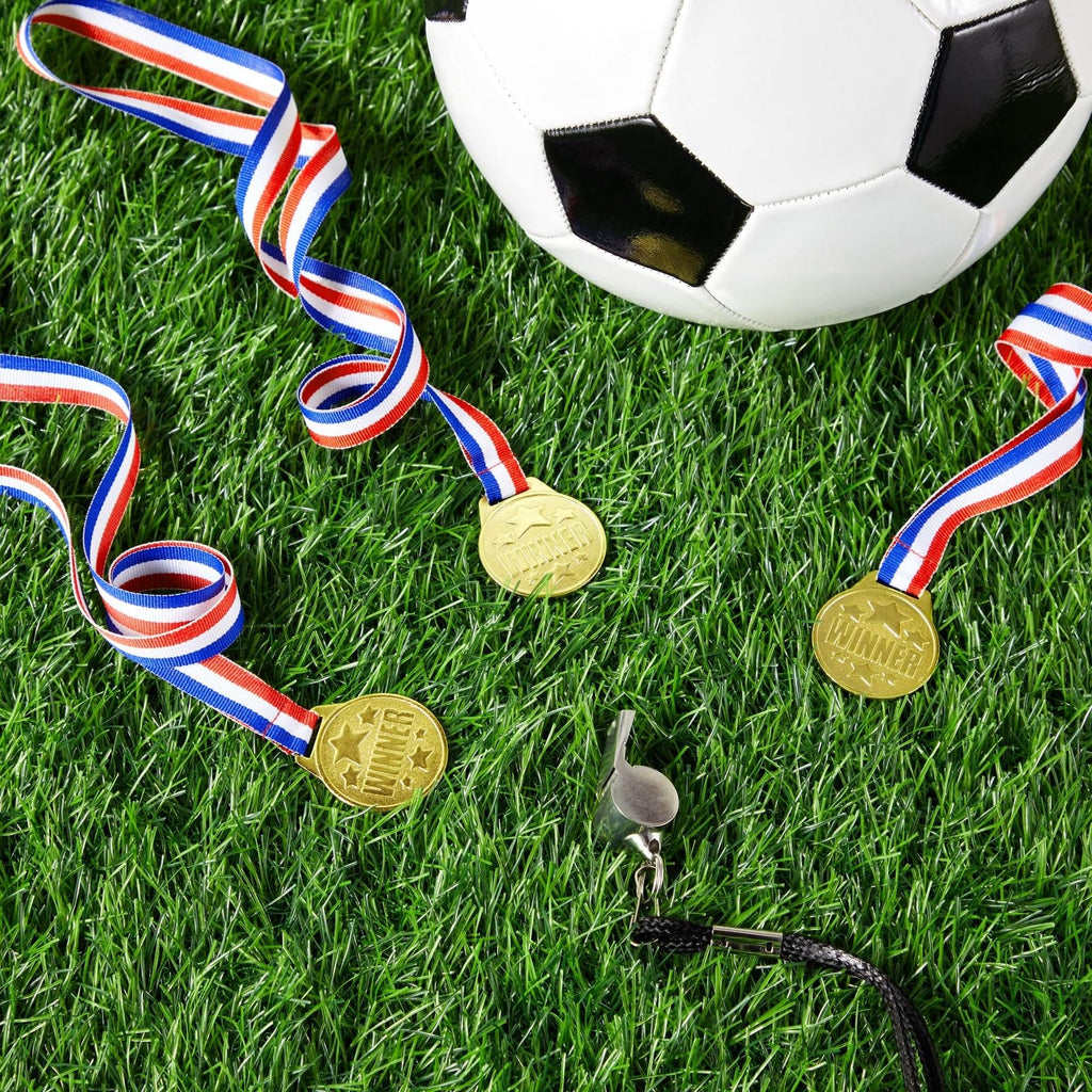 Juvale 24 Pack Gold Winner Medals For Kids And Adults - Participation Awards With 15.3-Inch Red, White, And Blue Neck Ribbons Fo
