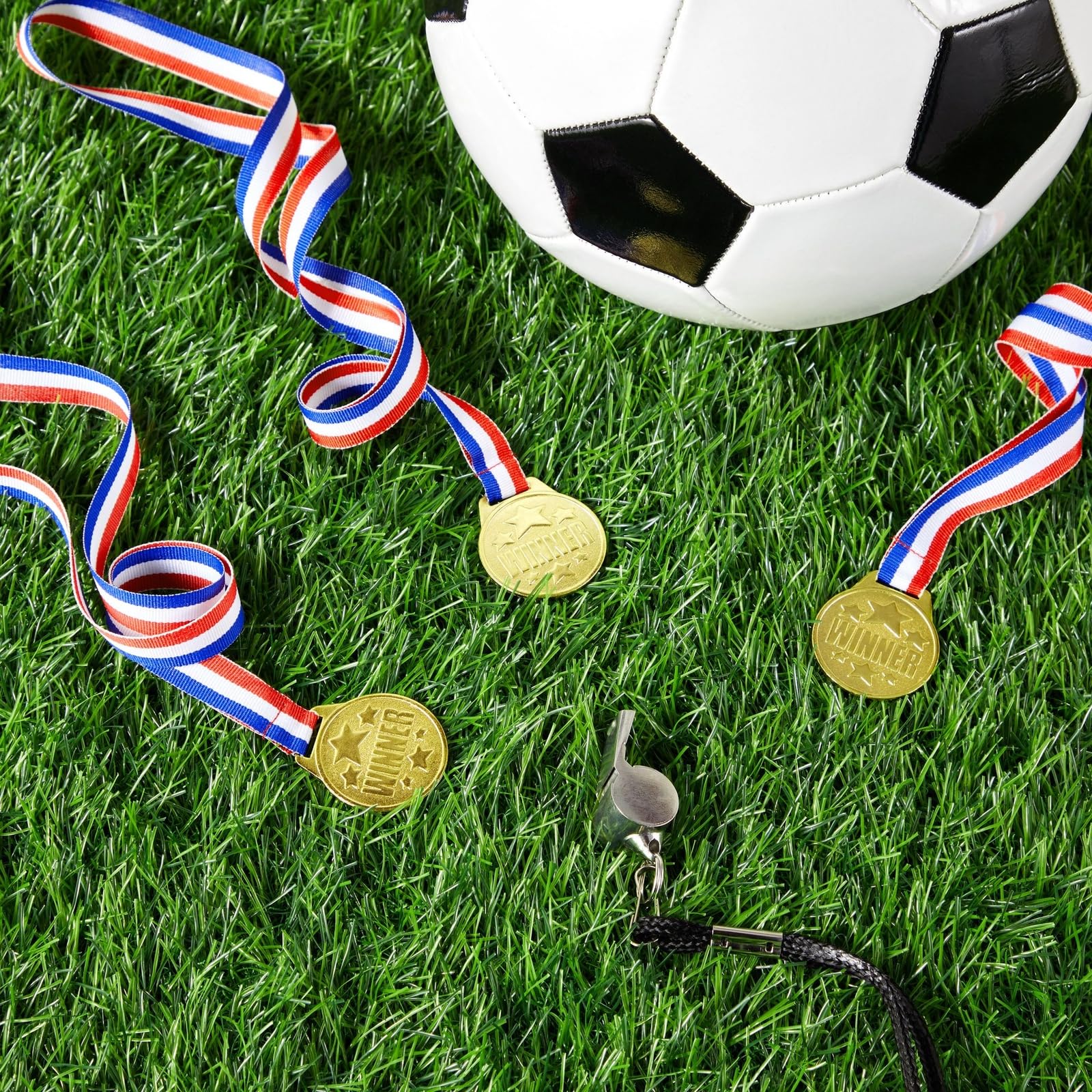 Juvale 24 Pack Gold Winner Medals For Kids And Adults - Participation Awards With 15.3-Inch Red, White, And Blue Neck Ribbons Fo