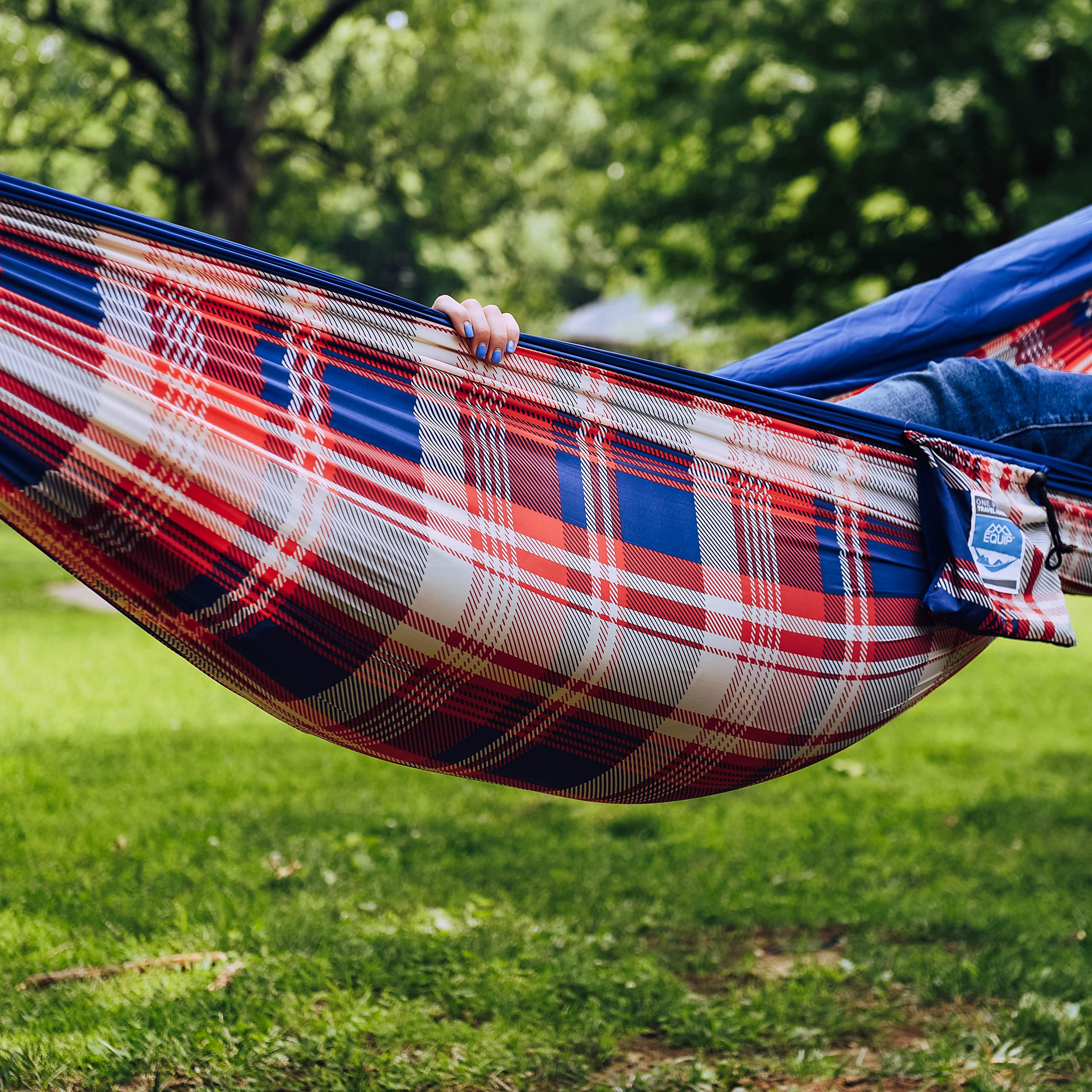 Equip Outdoors Portable Camping Hammock, Hanging Kit Included, One Person Hammock, Red White And Blue Plaid