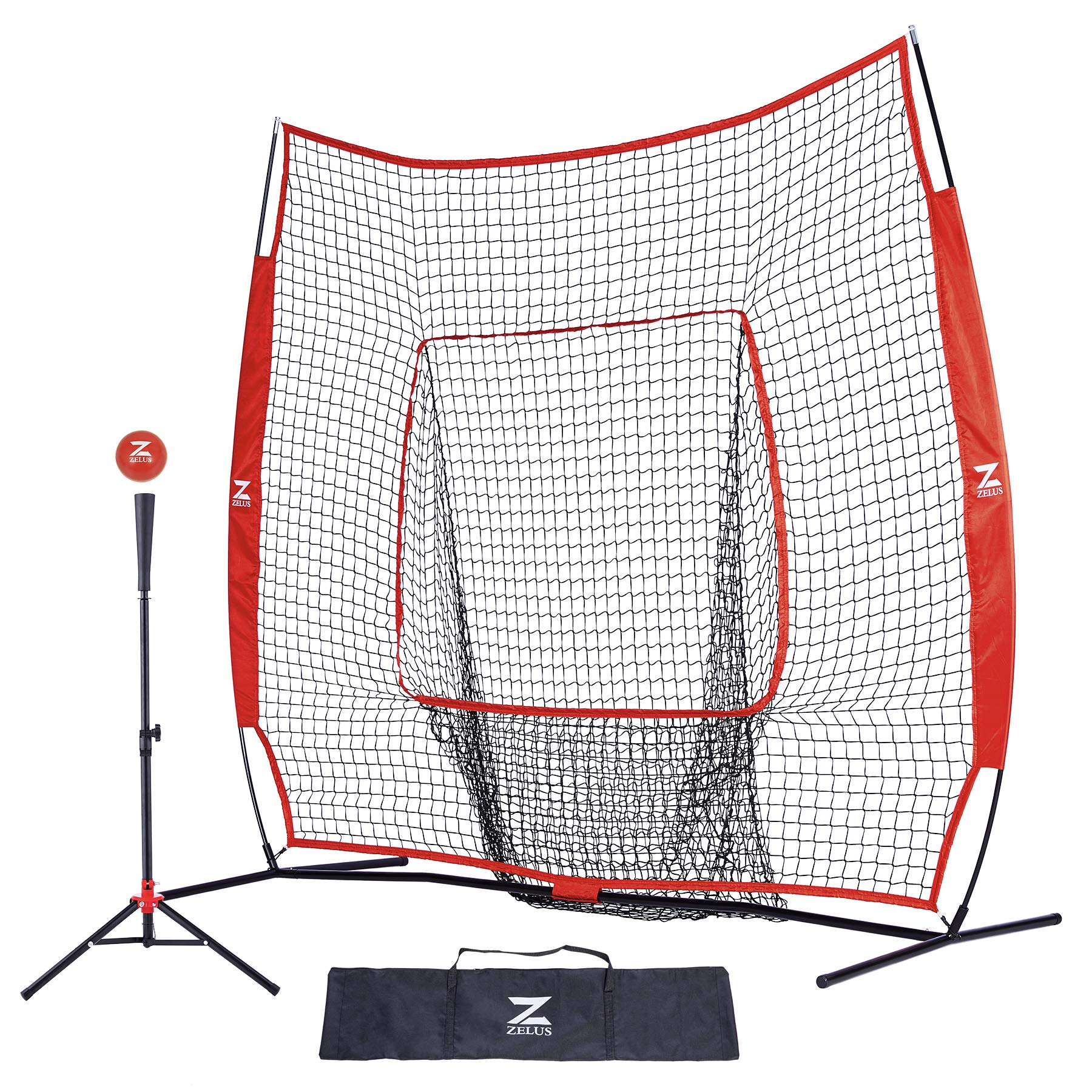Zelus 7X7Ft Baseball Softball Practice Net | Portable Baseball Net With Tee, 2.8'' 16Oz Weighted Baseball And Carry Bag For Batt