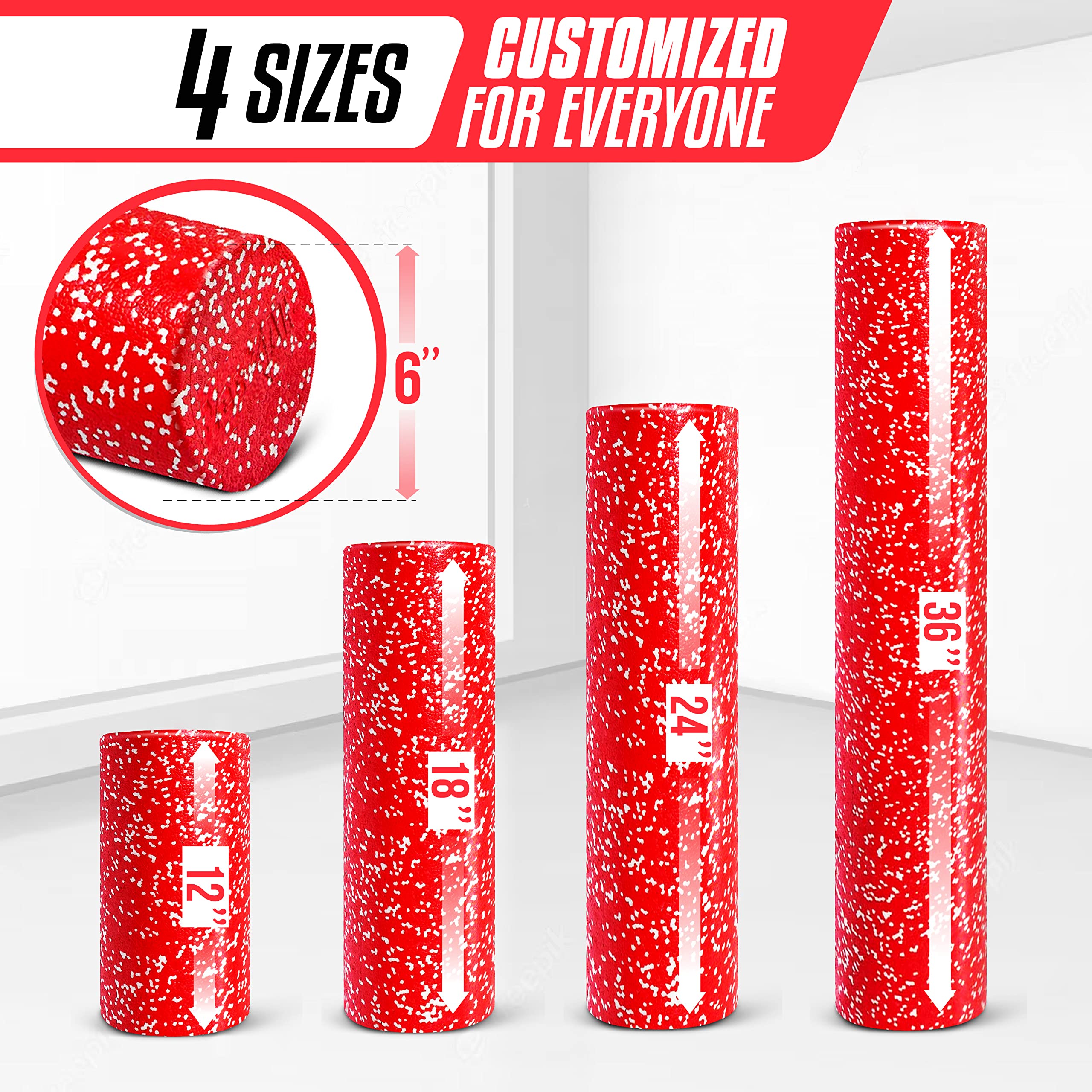 Yes4All High Density Foam Roller For Back, Variety Of Sizes & Colors For Yoga, Pilates - Red Snow - 12 Inches
