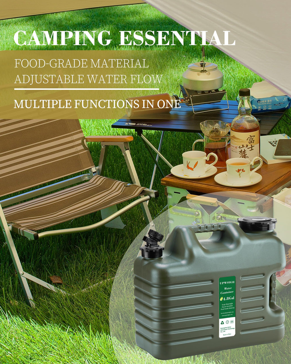 Upwoigh 5 Gallon Water Jug, Thickened Water Storage Overlanding Gear Containers, Camping Essential Truly Leak-Proof Green Water