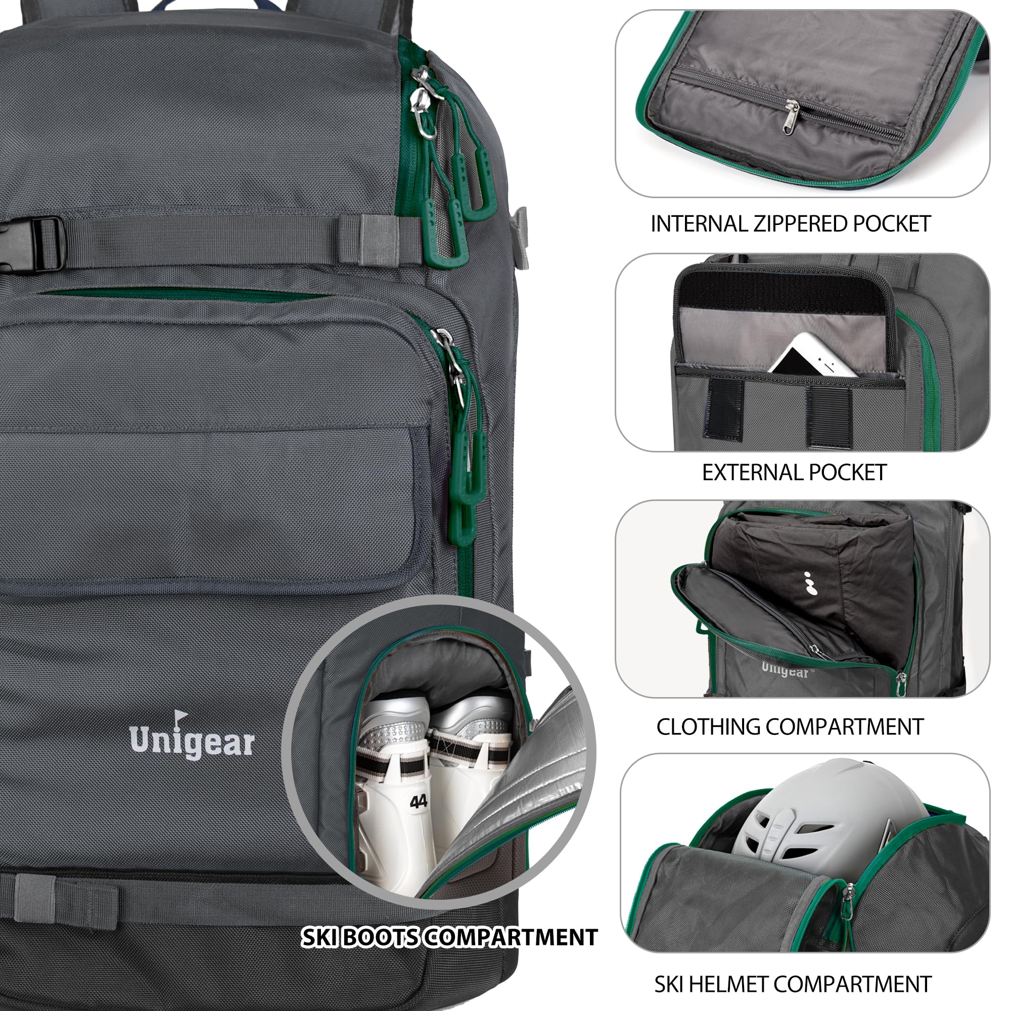 Unigear Ski Boot Bag, 70L Ski Boot Travel Backpack for Ski Helmet, Goggles, Gloves, Skis, Snowboard & Accessories(Gray)