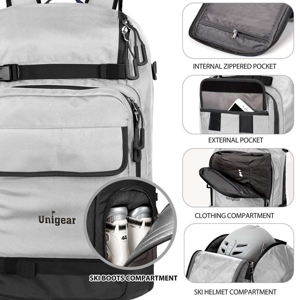 Unigear Ski Boot Bag, 70L Ski Boot Travel Backpack for Ski Helmet, Goggles, Gloves, Skis, Snowboard & Accessories(Silver Gray)