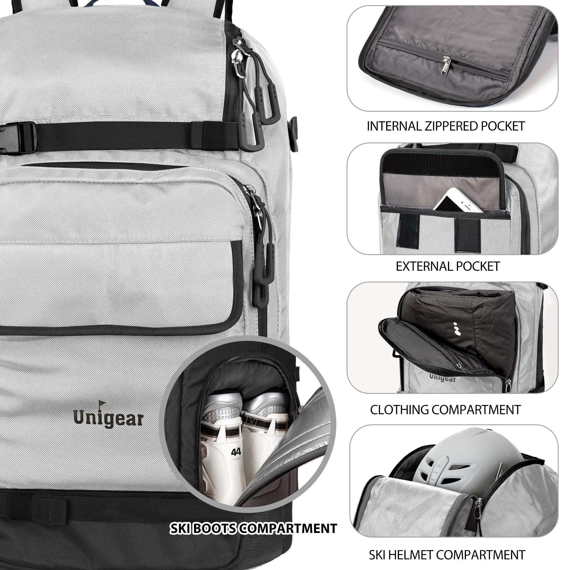 Unigear Ski Boot Bag, 70L Ski Boot Travel Backpack for Ski Helmet, Goggles, Gloves, Skis, Snowboard & Accessories(Silver Gray)