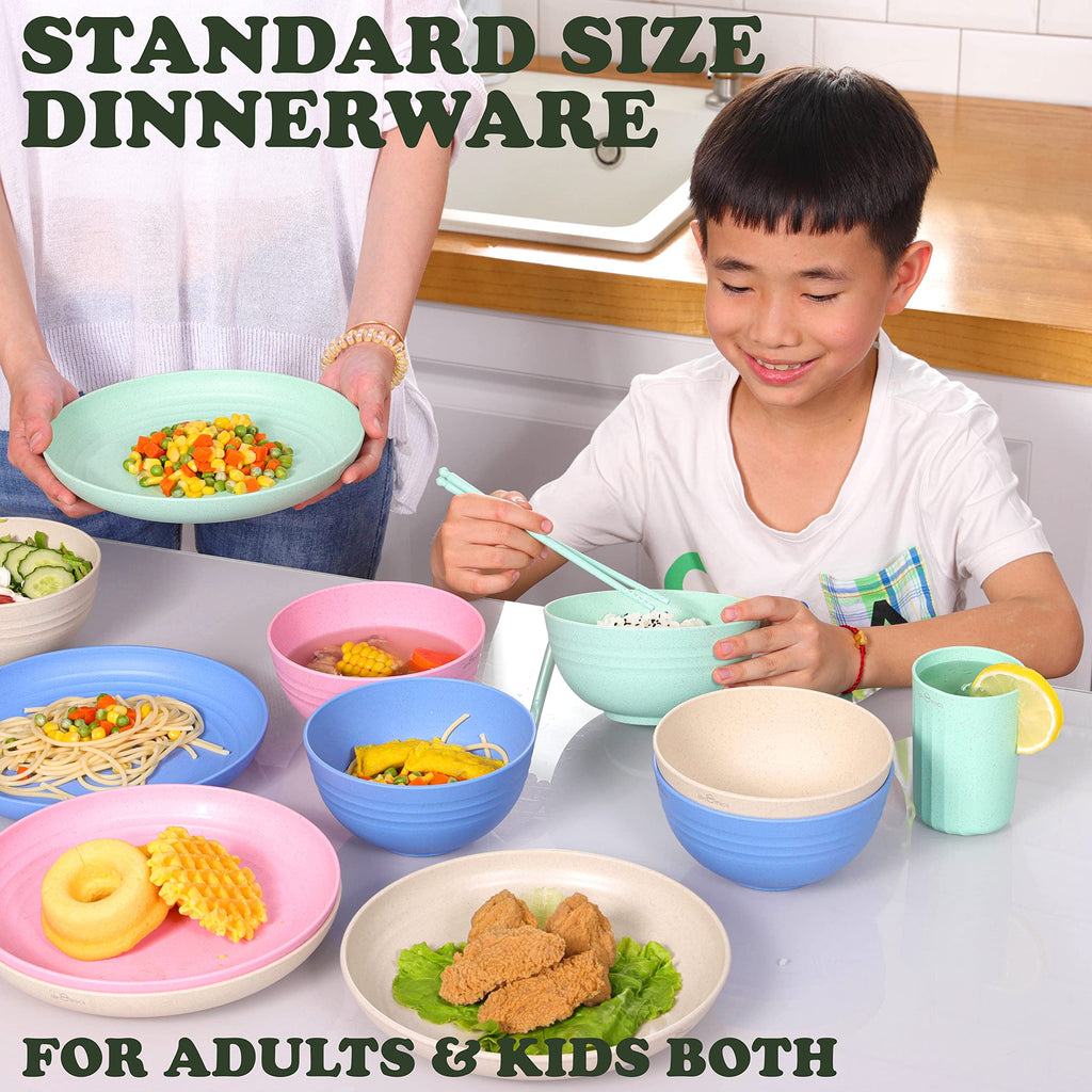 Dinethics Wheatstraw Dinnerware Sets For 4 - Alternate To Plastic Dishes - Dishwasher Safe Microwave Plates - Unbreakable Dinner