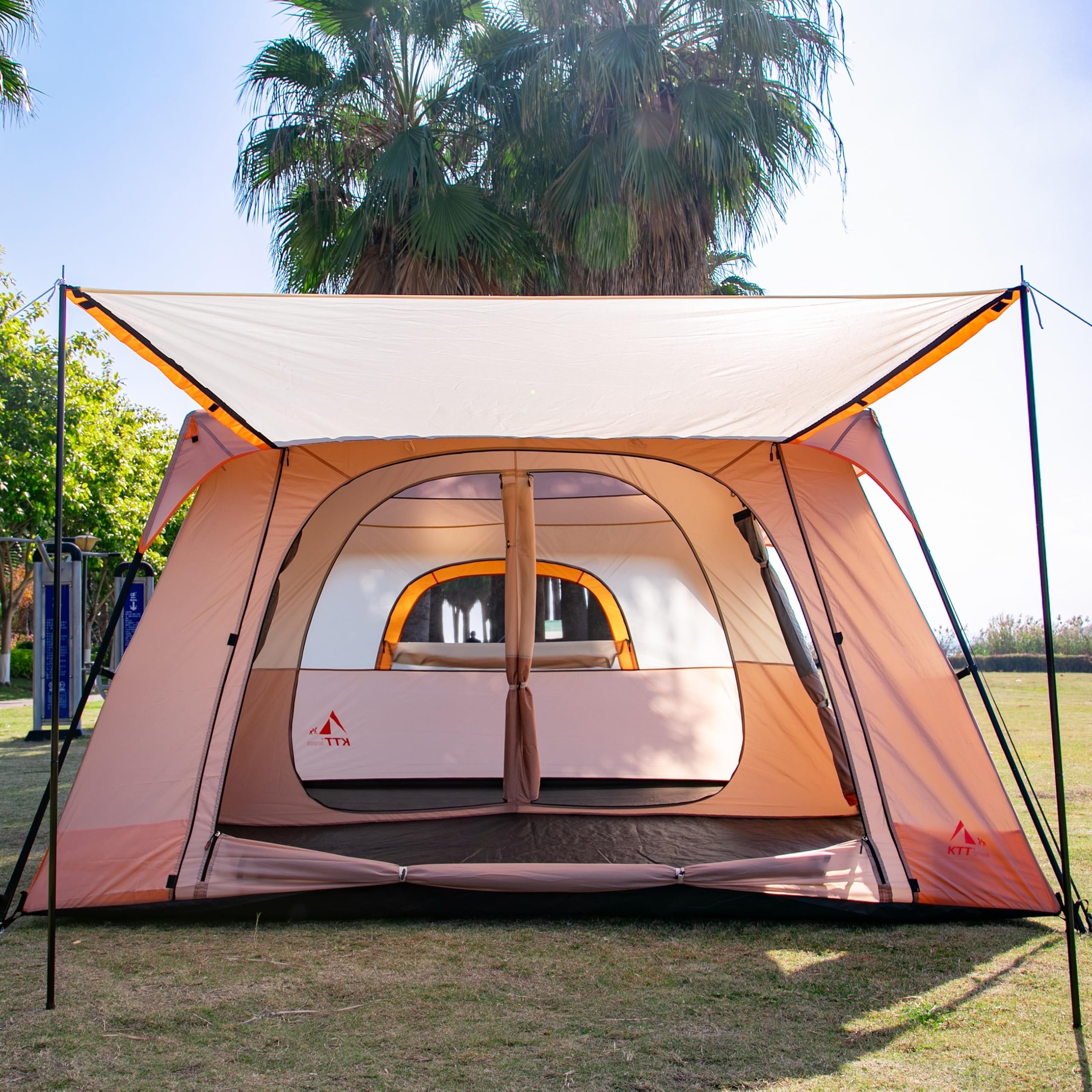 Ktt Extra Large Tent 12 Person,Family Cabin Tents,2 Rooms,3 Doors And 3 Windows With Mesh,Straight Wall,Waterproof,Double Layer,