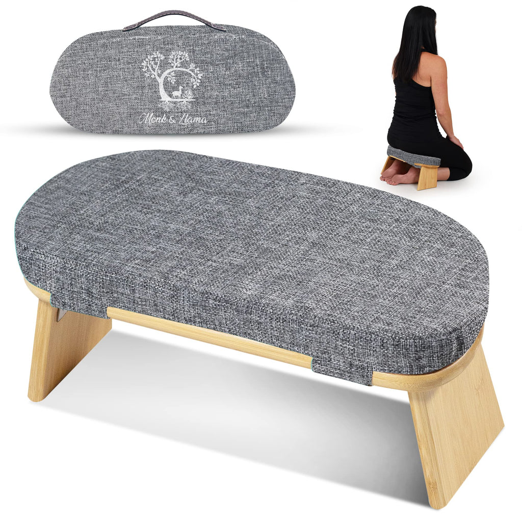 Monk & Llama Meditation Bench - Foldable, Ergonomic, Bamboo Kneeling Stool With Extra Comfortable Cushion - Perfect Seiza Bench 