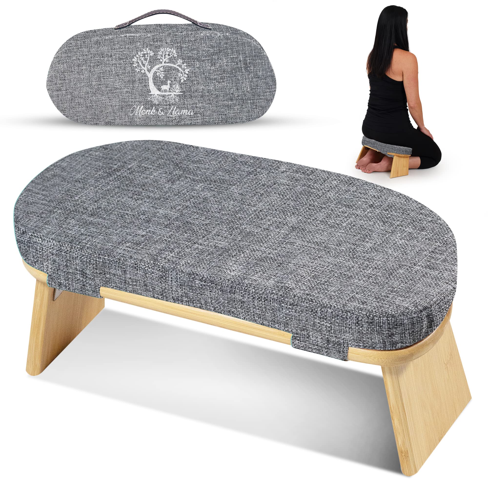 Monk & Llama Meditation Bench - Foldable, Ergonomic, Bamboo Kneeling Stool With Extra Comfortable Cushion - Perfect Seiza Bench 