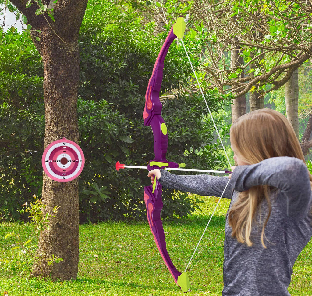 Click N' Play Pink Bow & Arrow Archery Set For Girls, Toy Bow & Arrow That Lights Up For Outdoor Play With 3 Suction Cup Arrows,