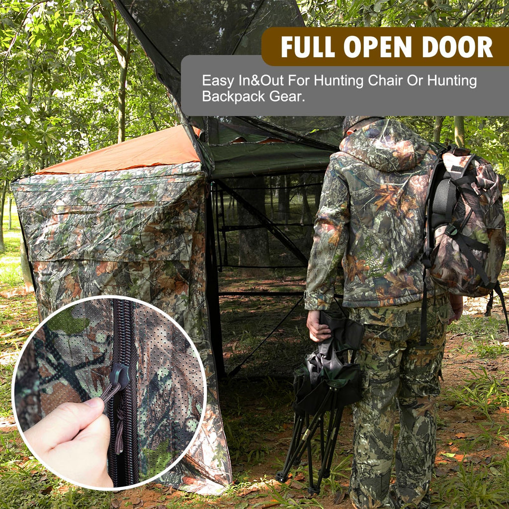 Hunthor Hunting Blind For 2-3 Person, 270 Degree See-Through Ground Blind With Silent Zipper And Orange Top, Portable Pop-Up Ten