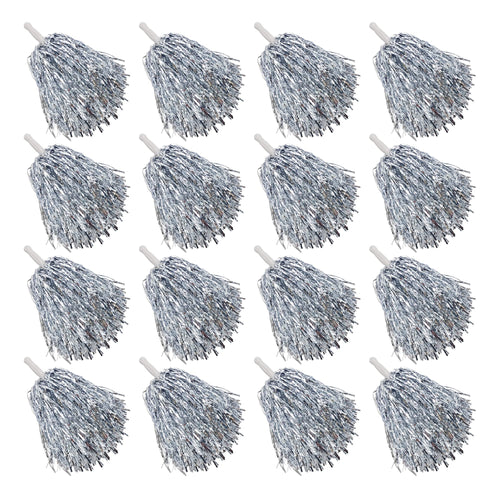 16PCS Cheerleading Pom Poms Metallic Foil Plastic Pom Poms with Baton Handle for Game Sports Squads Dancing Party Football Basketball Club Spirit Sports Stage Performance Celebration (Silver)