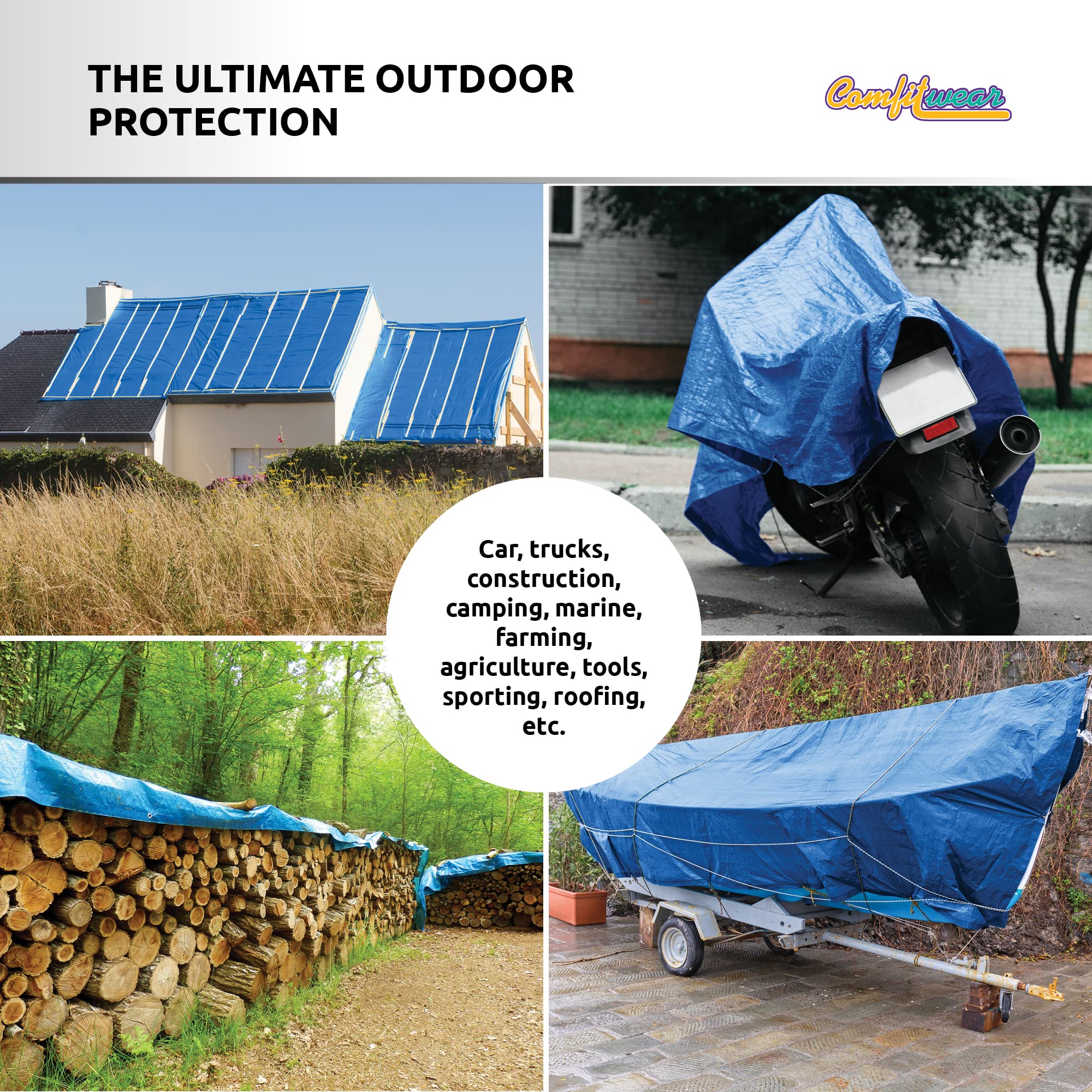 Comfitwear 8X10 Blue Poly Tarp Cover, Water Proof Tent Shelter Camping Rv Boat Tarpaulin