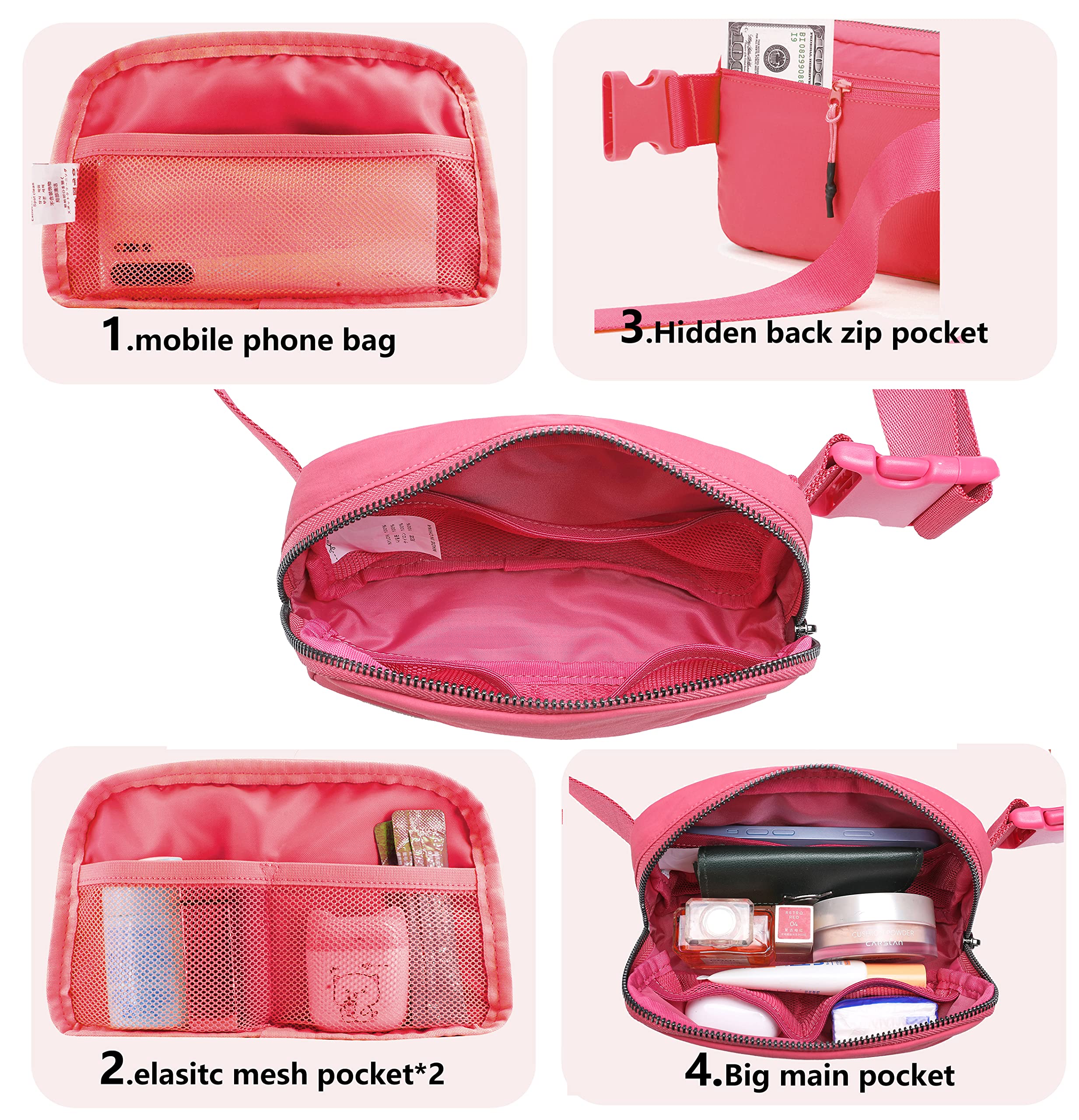 Fanny Belt Bag Waist Pack Crossbody Bags Bum Bag For Running Hiking Travel Workout Adjustable Strap For Women-Watermelon Red