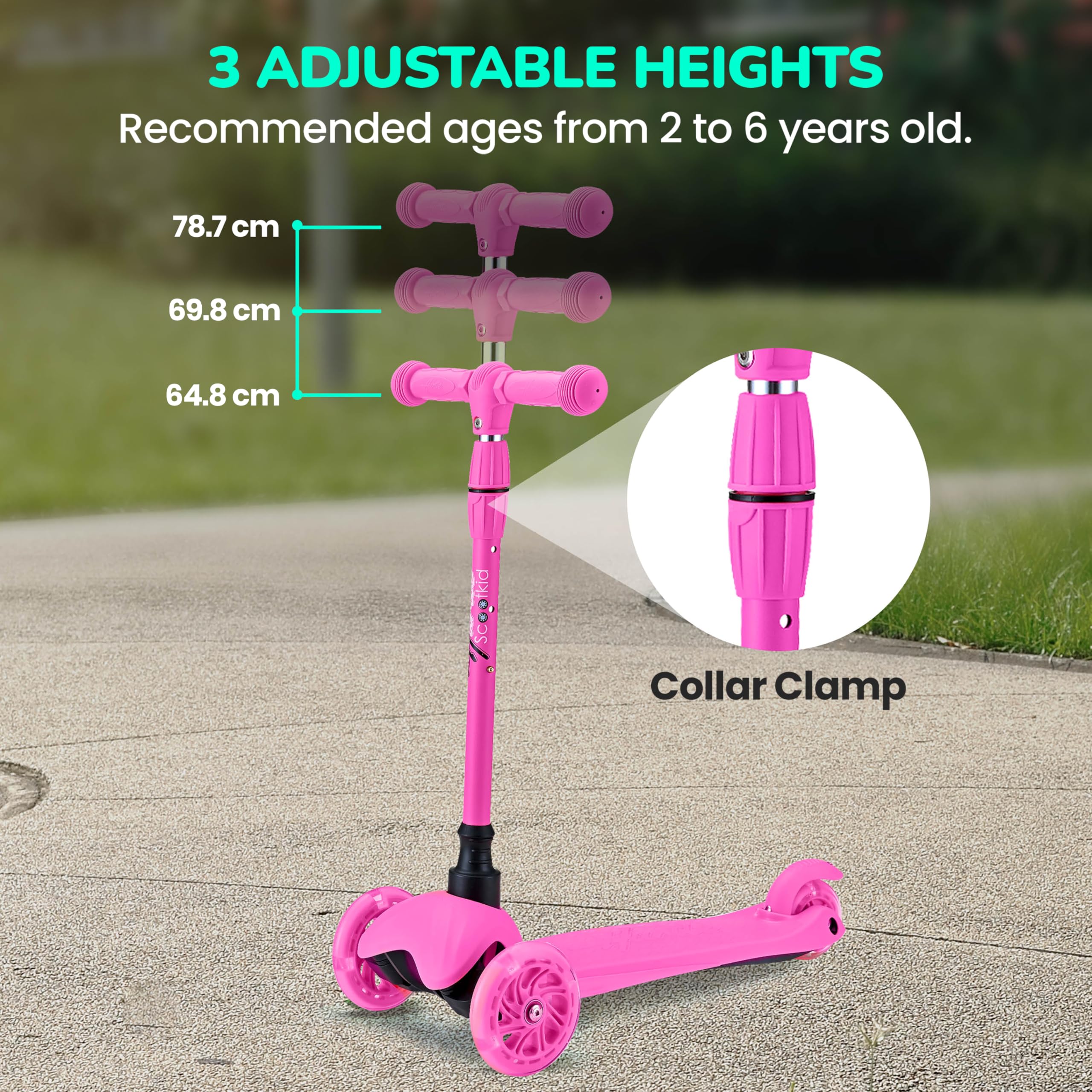 Hurtle Mini Kickboard Scooter for Kids - Height Adjustable 25-28, Lightweight 3-Wheel with LED Light-up Wheels, Anti-Slip,In