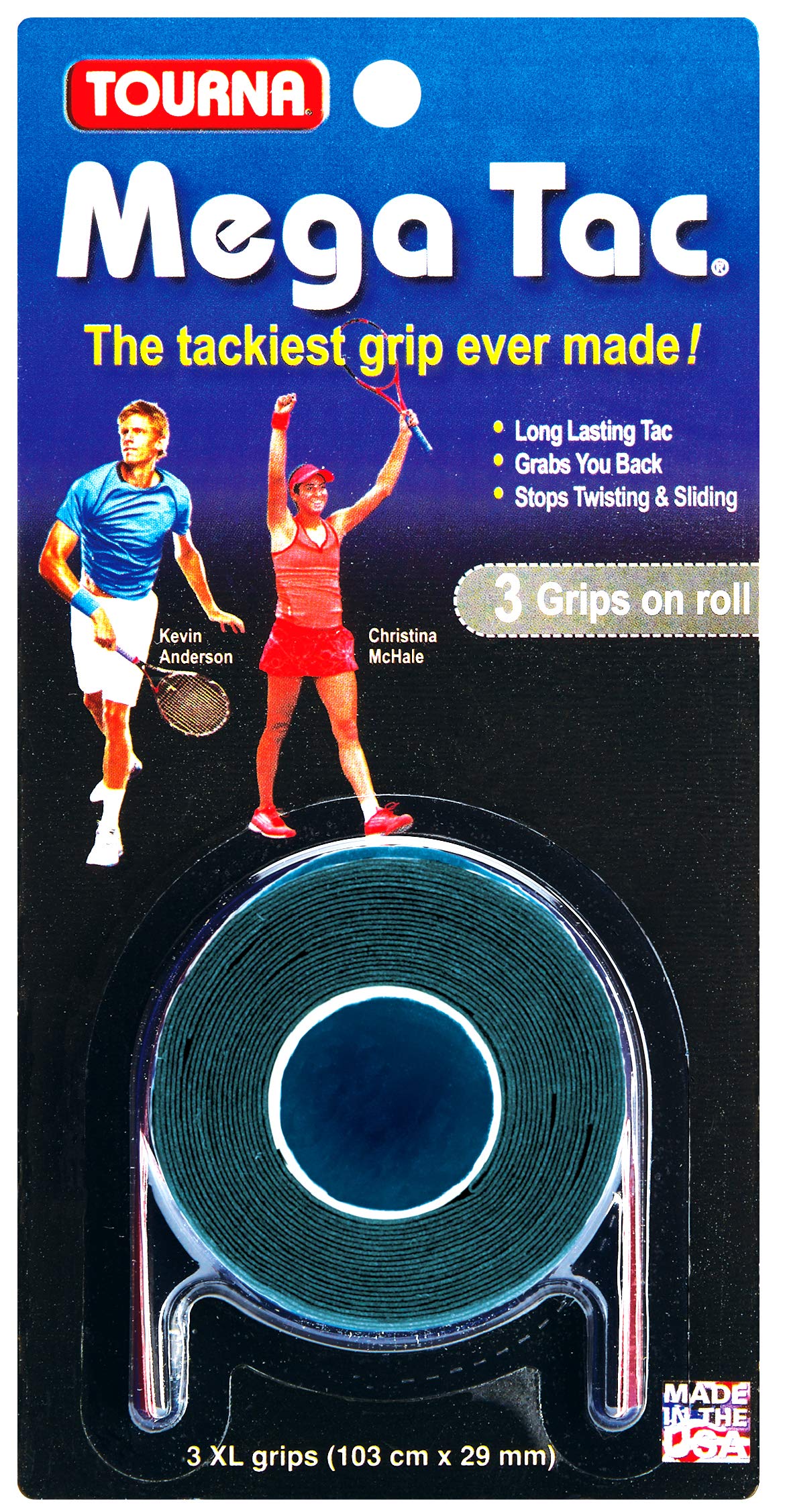 Tourna Mega Tac Extra Tacky Overgrip, Black, 3 Grips Per Pack