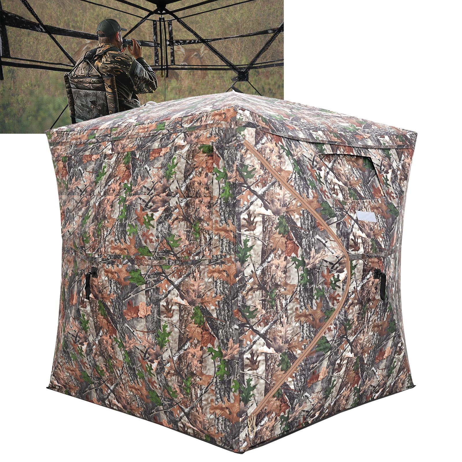 Portable Hunting Blind 270 See Through With Carrying Bag, 2-3 Person Pop Up Ground Blinds With Silent Zipper Door & Sliding Wind