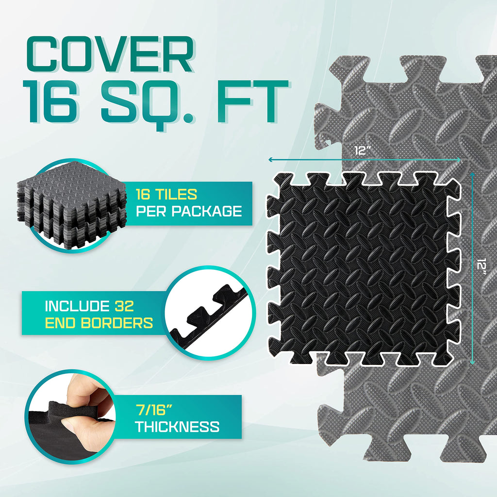 Yes4All Interlocking Foam Tiles, Non-Slip Foam Floor Tiles For Home Gym- Black And Gray, 16 Tiles 12''X 12''X 7/16'' Cover 16 Sq