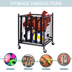 Fitvids Sports Equipment Organizer, Ball Storage Cart With Baskets And Hooks, Rolling Gear Storage For Garage, Black Steel