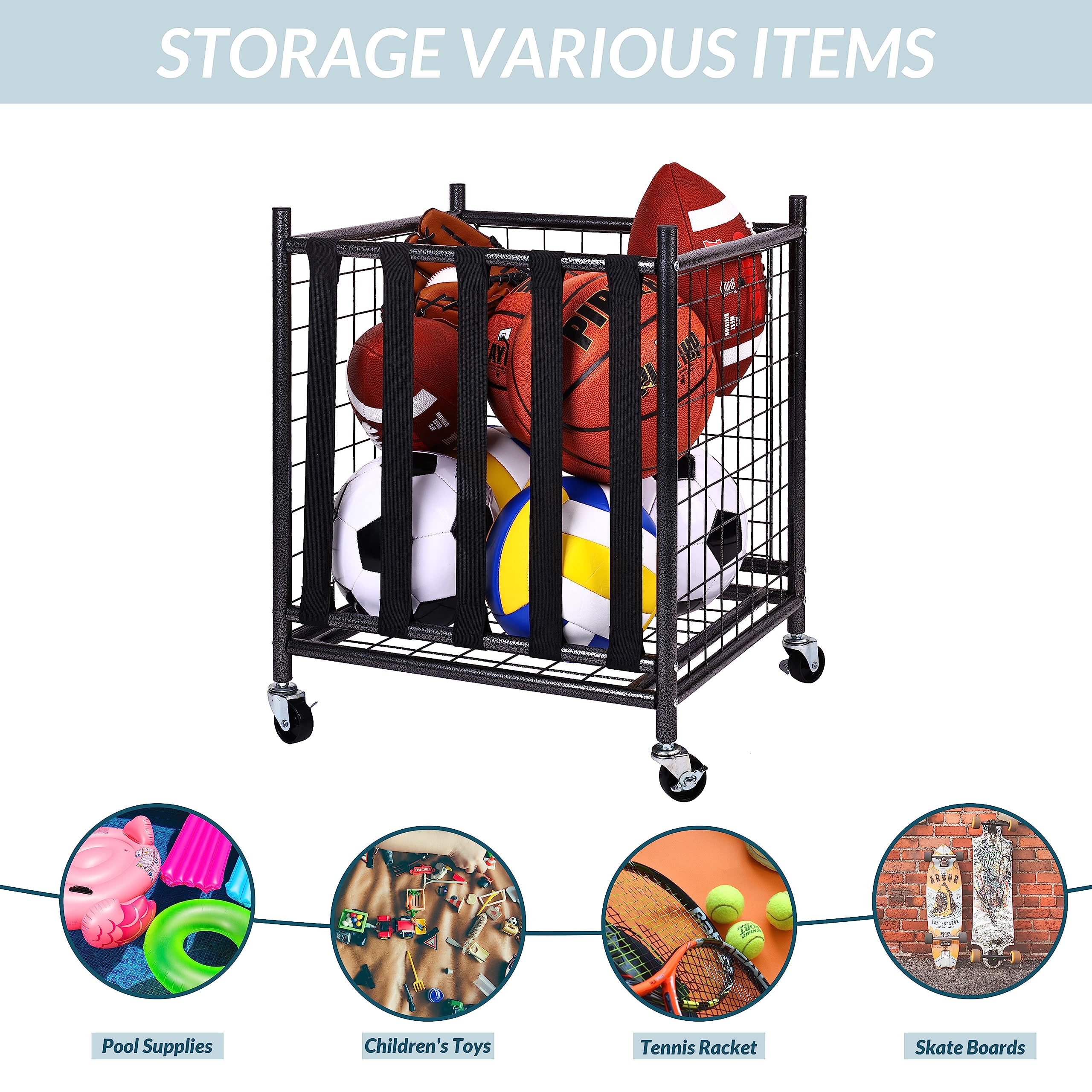 Fitvids Sports Equipment Organizer, Ball Storage Cart With Baskets And Hooks, Rolling Gear Storage For Garage, Black Steel
