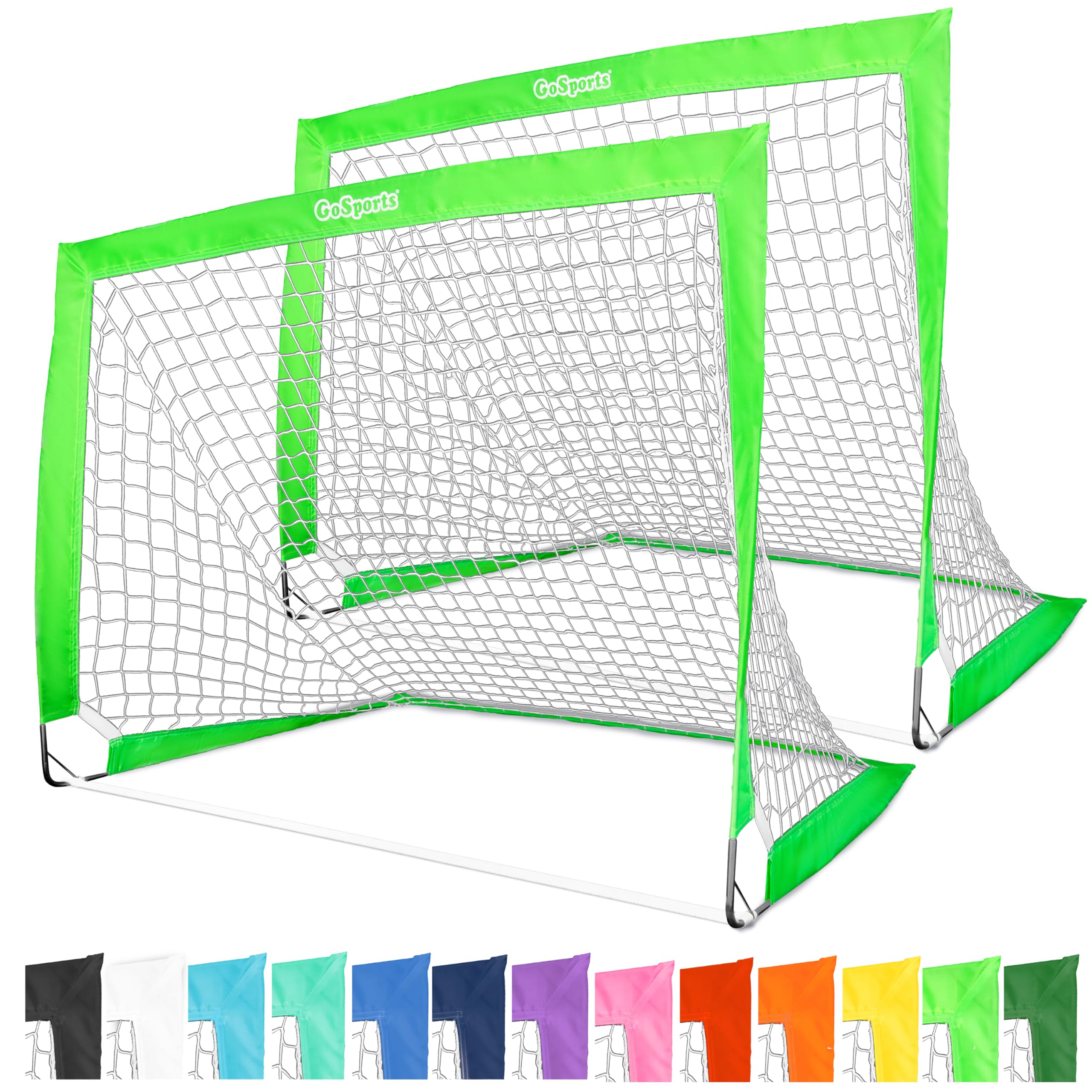 GoSports Team Tone 4 ft x 3 ft Portable Soccer Goals for Kids - Set of 2 Pop Up Nets for Backyard - Bright Green