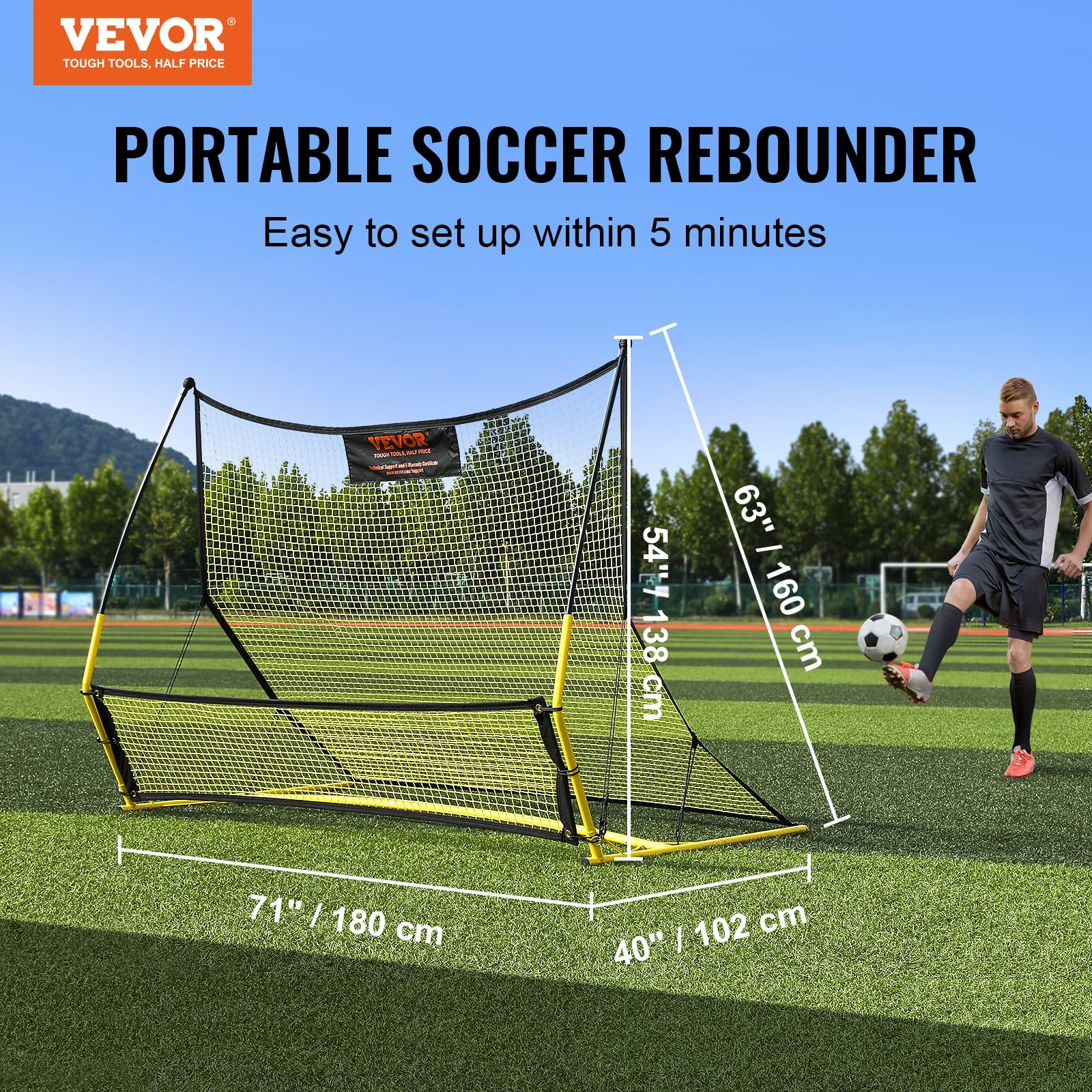 Vevor Soccer Trainer, 2-In-1 Portable Soccer Rebounder Net, 71''X40'' Iron Soccer Practice Equipment, Sports Football Rebounder