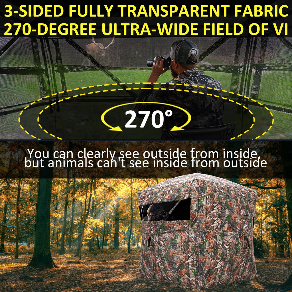 Portable Hunting Blind 270 See Through With Carrying Bag, 2-3 Person Pop Up Ground Blinds With Silent Zipper Door & Sliding Wind
