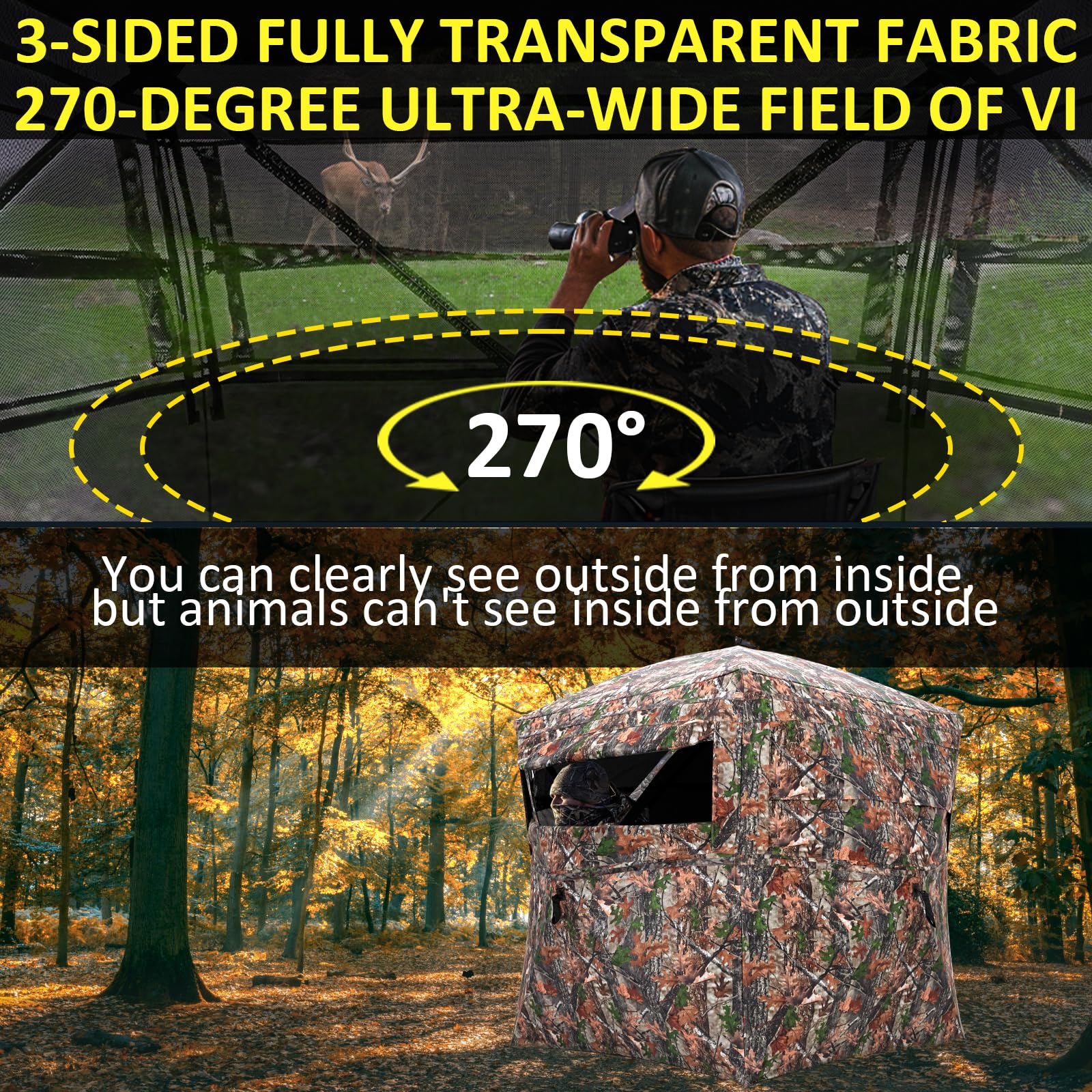 Portable Hunting Blind 270 See Through With Carrying Bag, 2-3 Person Pop Up Ground Blinds With Silent Zipper Door & Sliding Wind