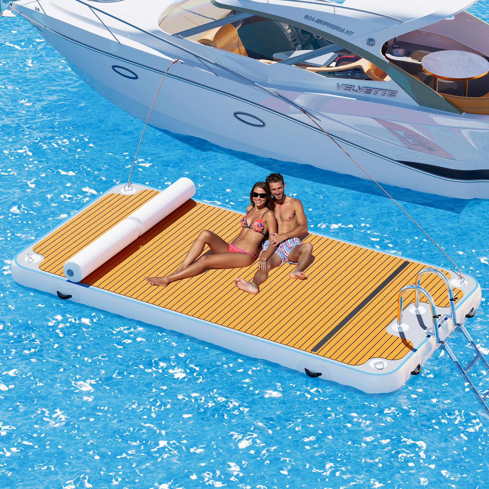 SPECRAFT 12.2  6.2FT Inflatable Floating Dock, Non-Slip EVA Air Dock Platform Floating Island Raft with Stainless Steels Ladder 