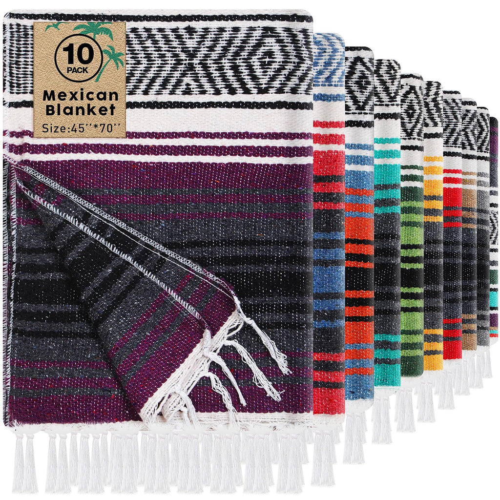 Oudain 10 Pack Mexican Blankets And Throws 45 X 70 Inch, Cotton Outdoor Camping Cozy Baja Blanket Woven Serape Restorative Yoga