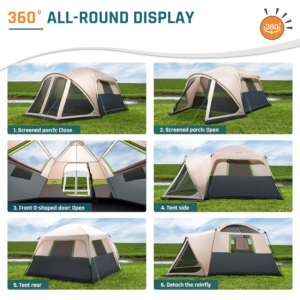 Tents For Camping 10 Person Camping Tent With Screen Porch, Weatherproof Large Cabin Tent With Rainfly And Carry Bag, Family Ten