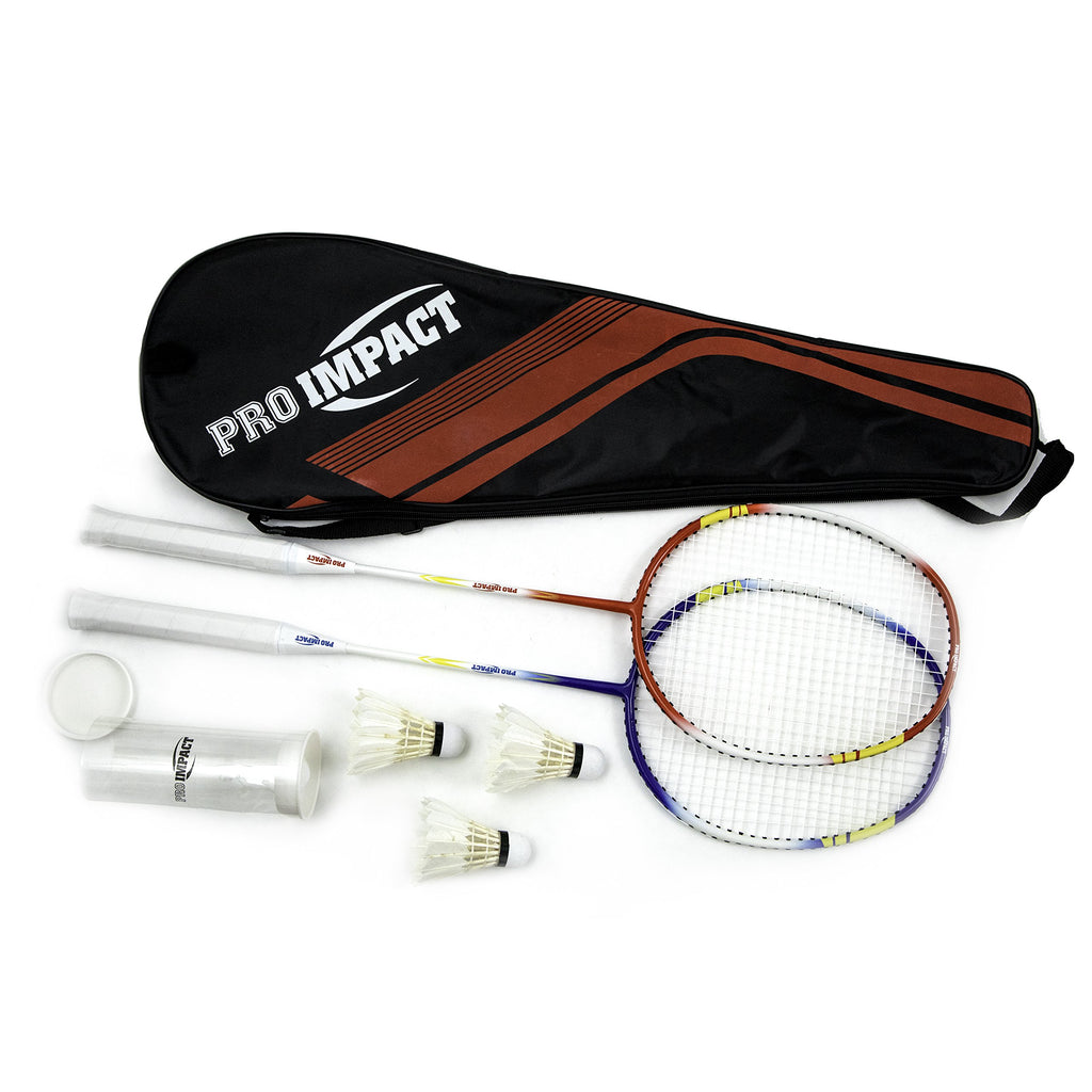 Pro Impact Badminton Racket Set - Aluminum Head With Steel Shaft - Includes Lightweight Rackets & Feather Shuttlecocks With Carr
